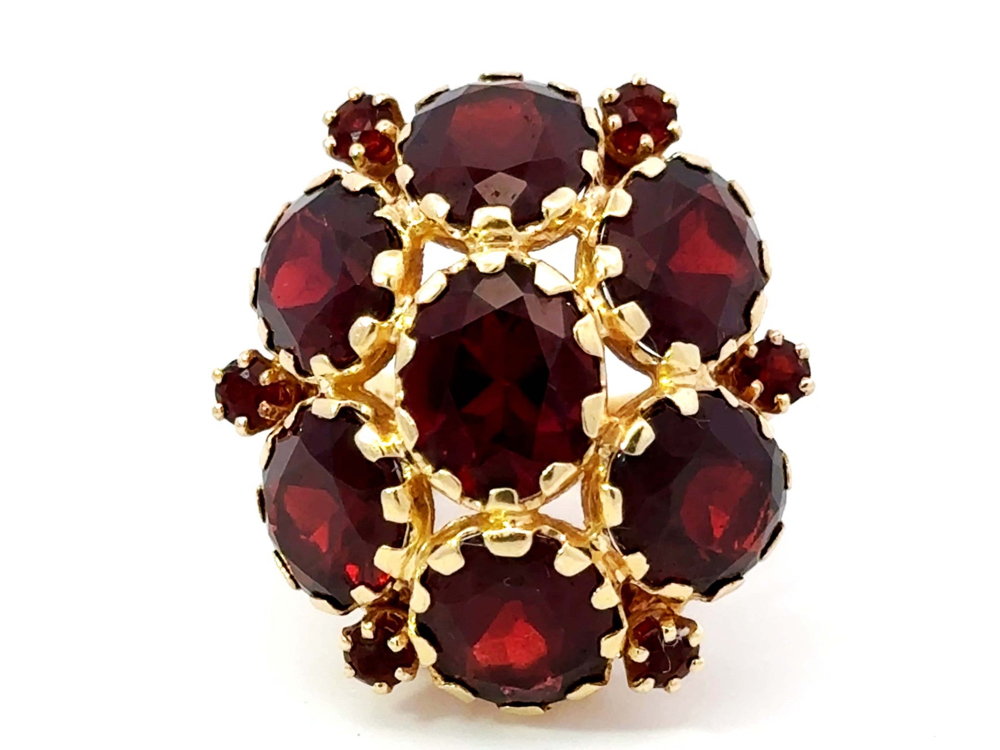 Large Red Oval Garnet Flower Cocktail Ring 14k Yellow Gold