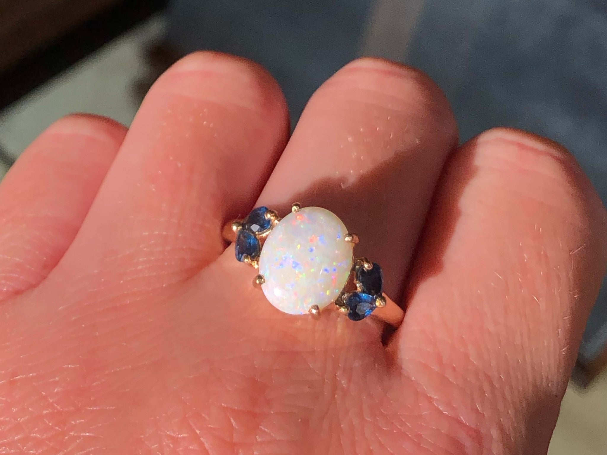 Oval Cabochon Opal and Pear Shaped Sapphires Ring 14k Yellow Gold