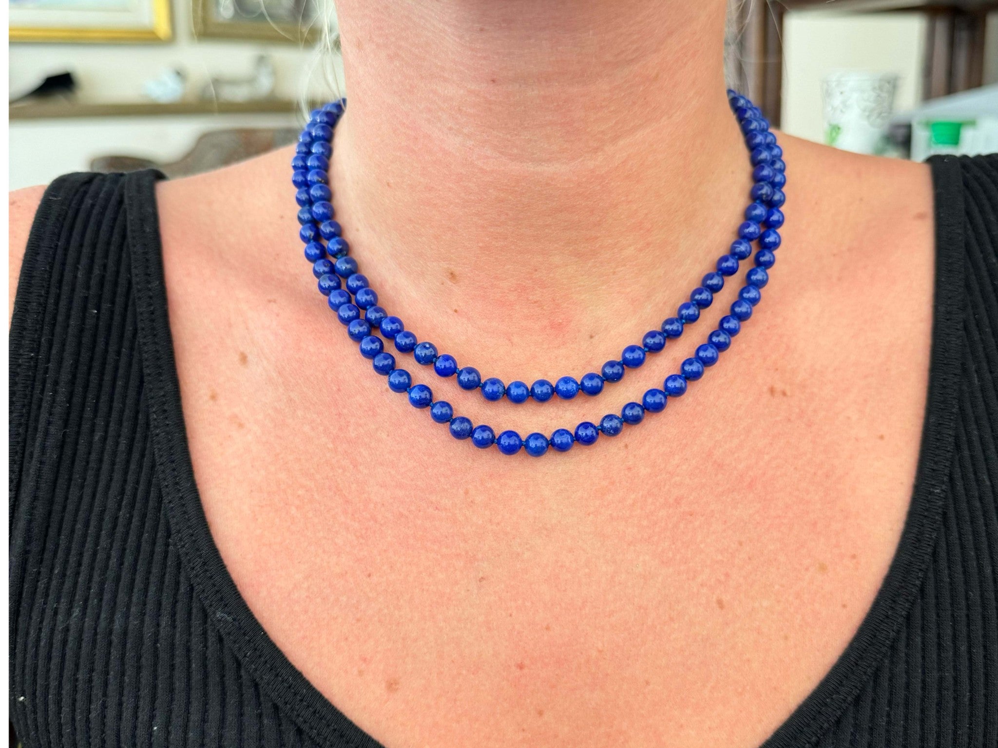 Lapis Lazuli Double Stranded Beaded Necklace Diamond Clasp 14k Yellow Gold