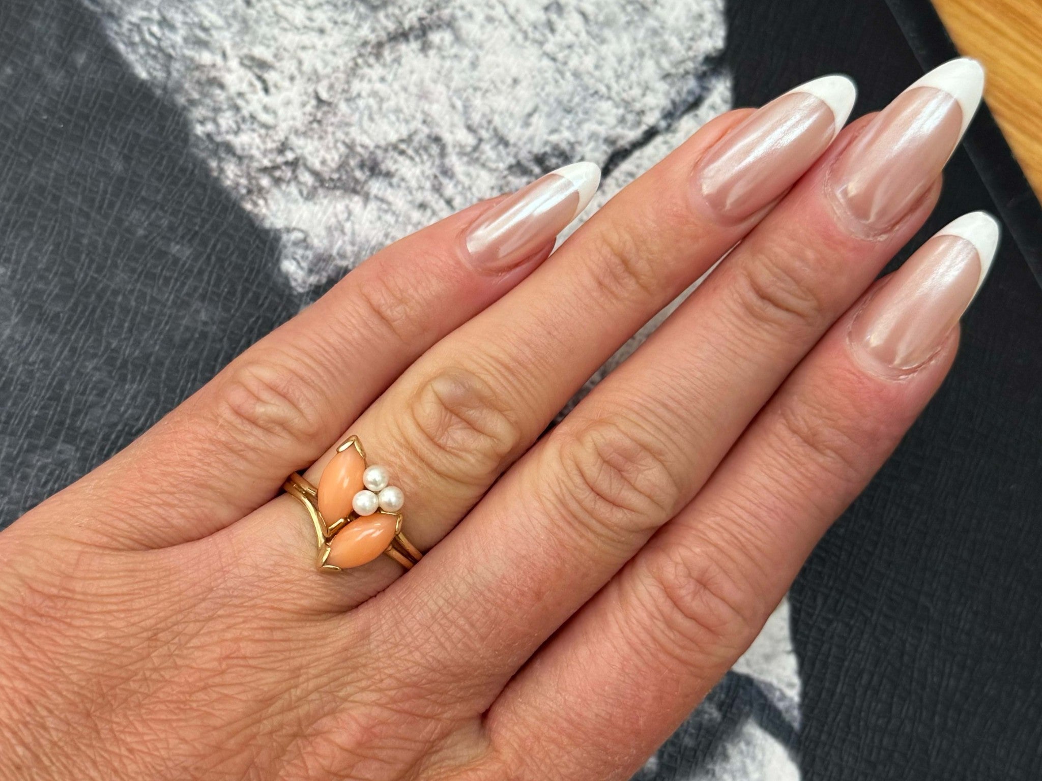 Marquise Angel Skin Coral and Pearl Ring 14k Yellow Gold