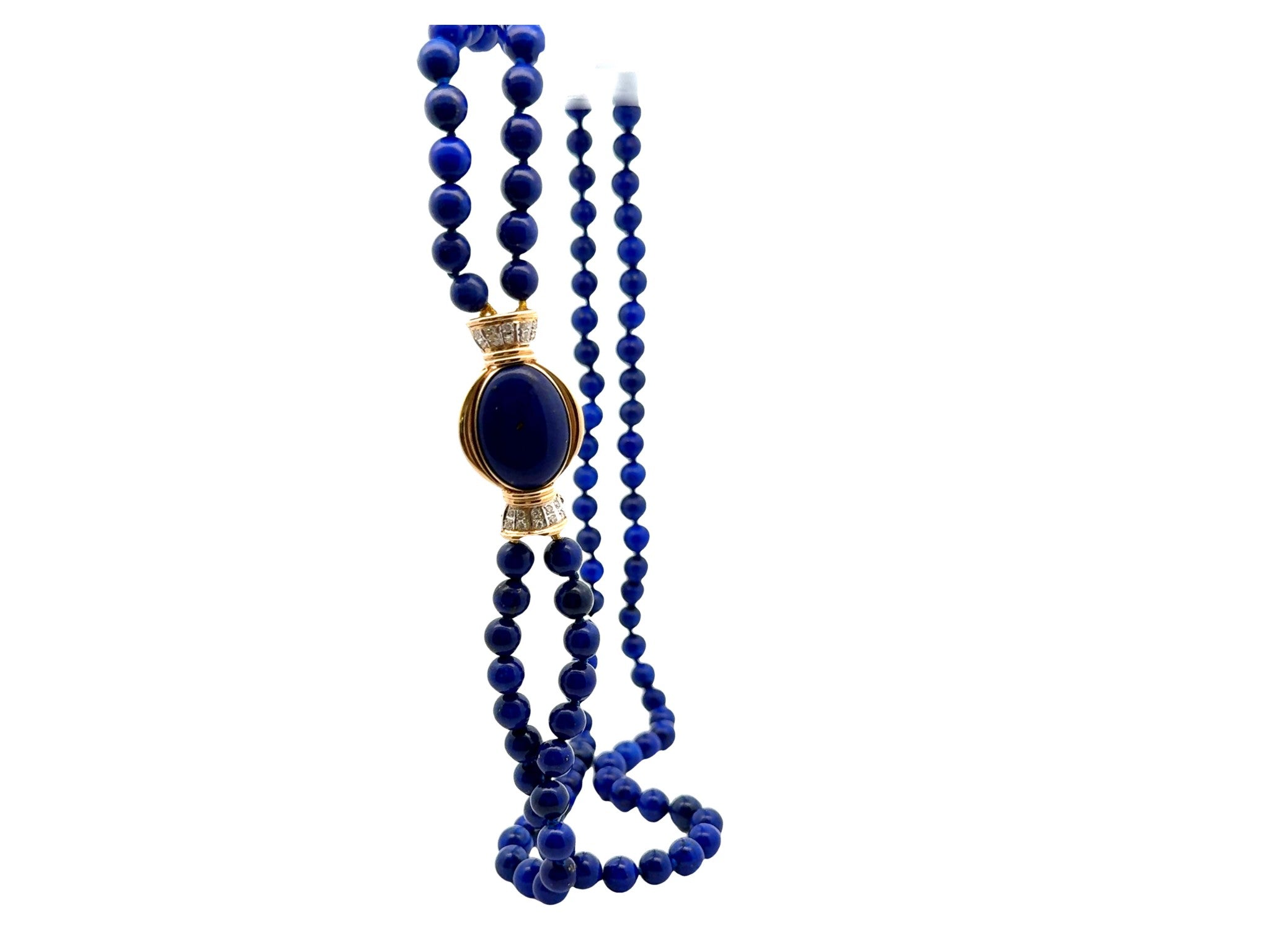 Lapis Lazuli Double Stranded Beaded Necklace Diamond Clasp 14k Yellow Gold