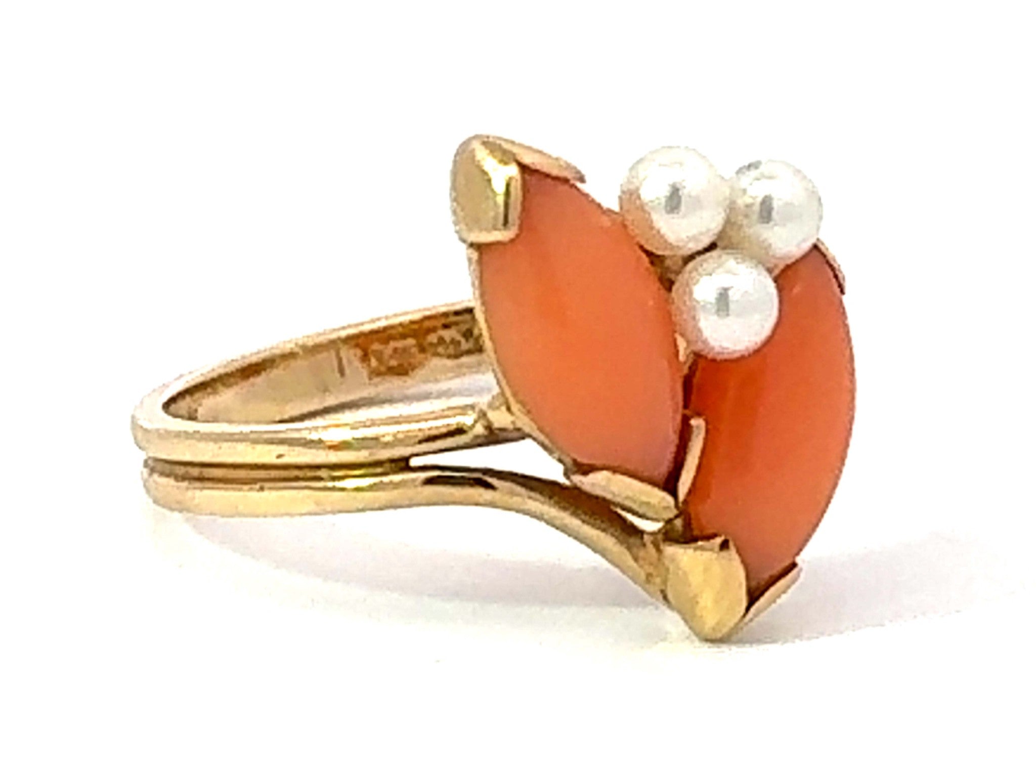 Marquise Angel Skin Coral and Pearl Ring 14k Yellow Gold