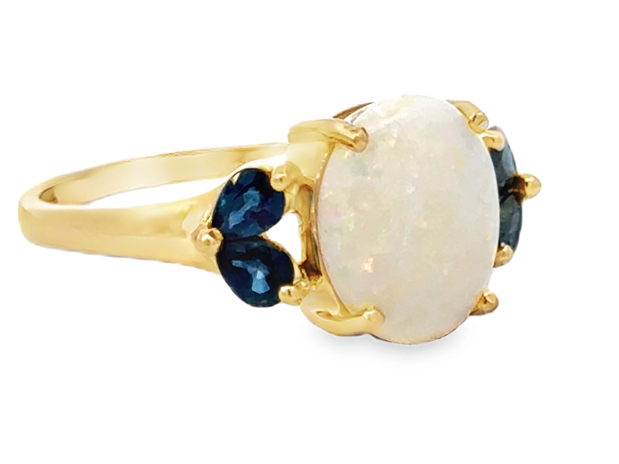 Oval Cabochon Opal and Pear Shaped Sapphires Ring 14k Yellow Gold