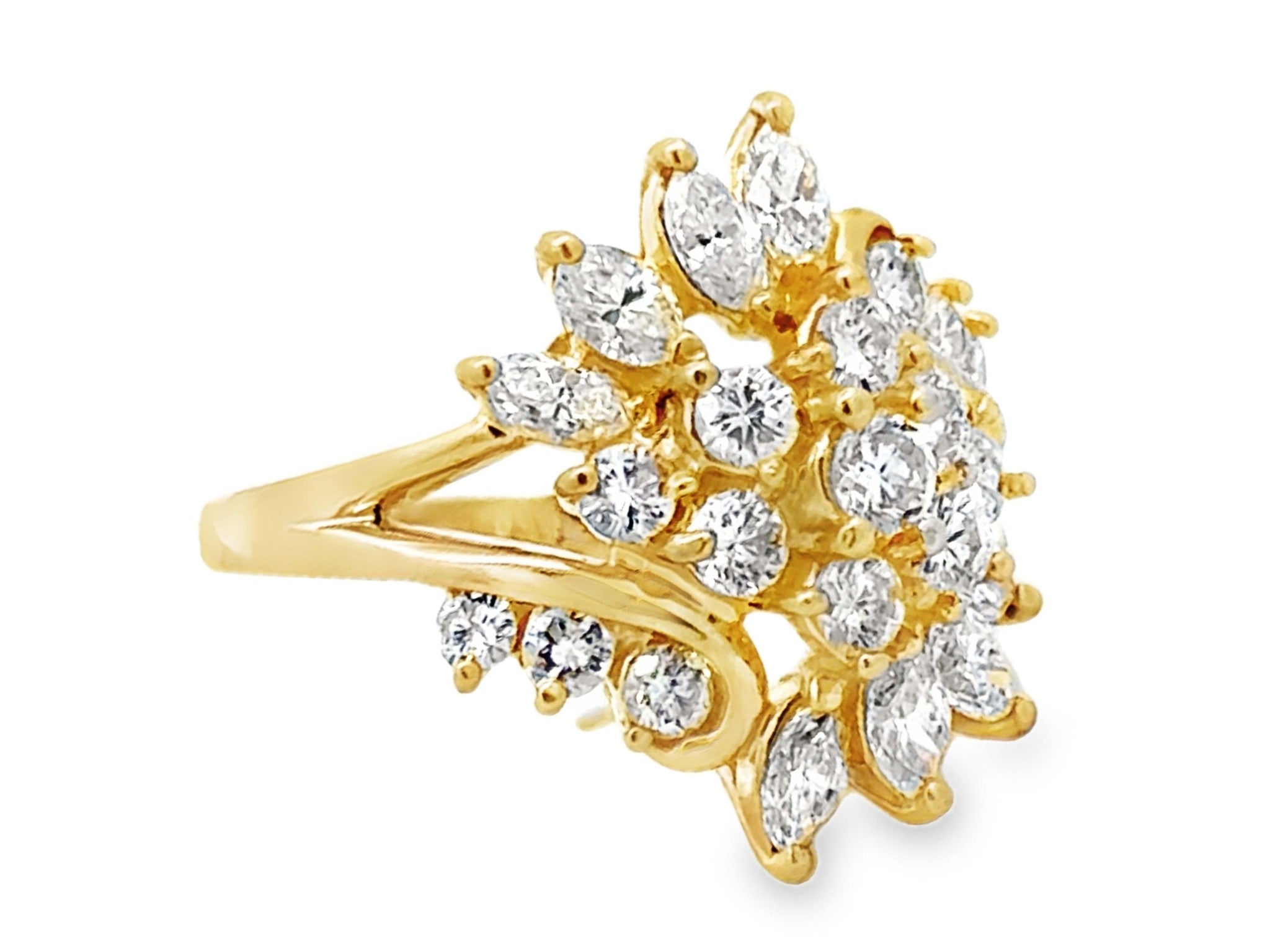 Brilliant and Marquise Multi Diamond Large Cluster Ring 14k Yellow Gold