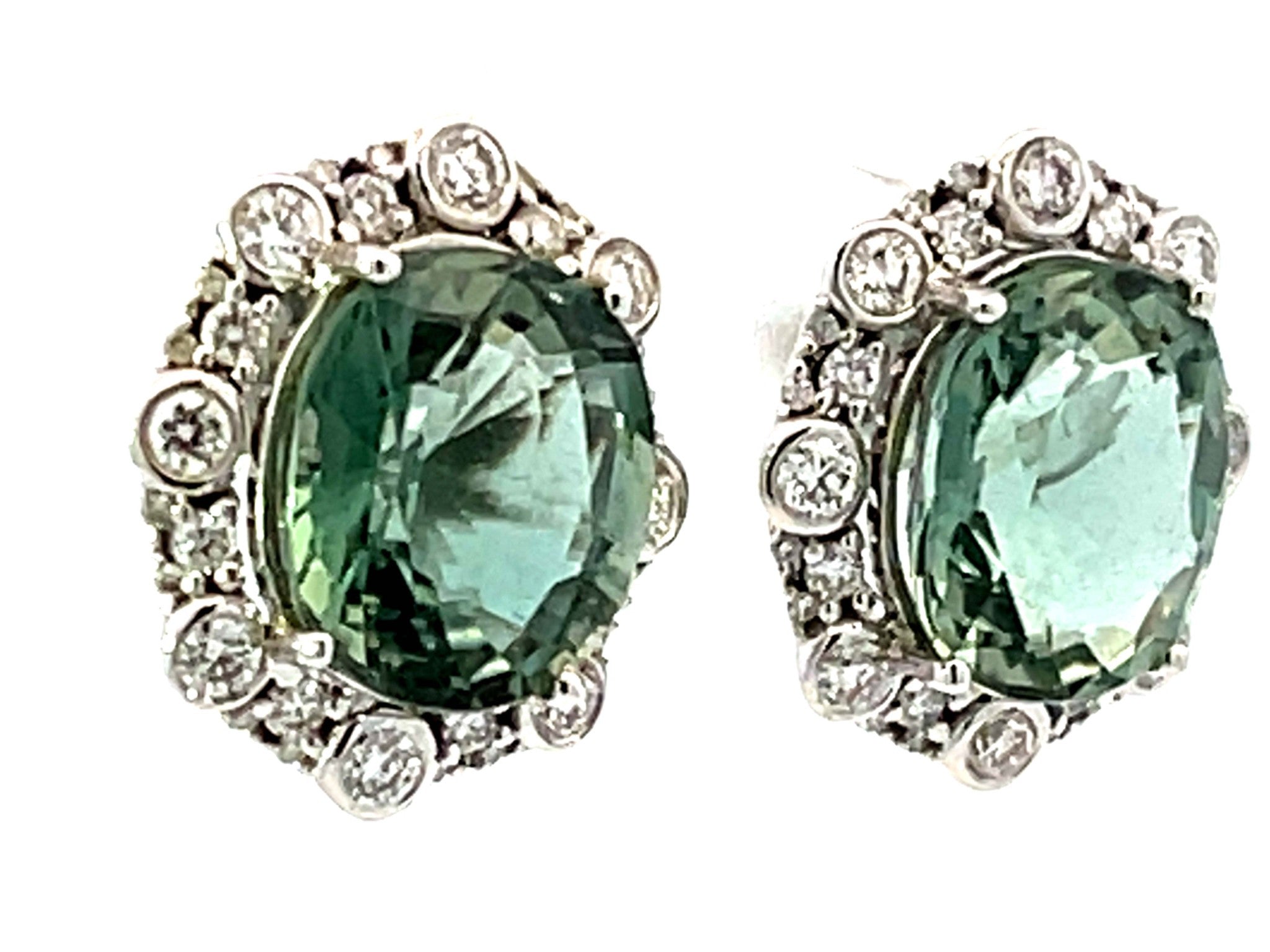 Oval Green Tourmaline Diamond Halo Earrings 18k White Gold