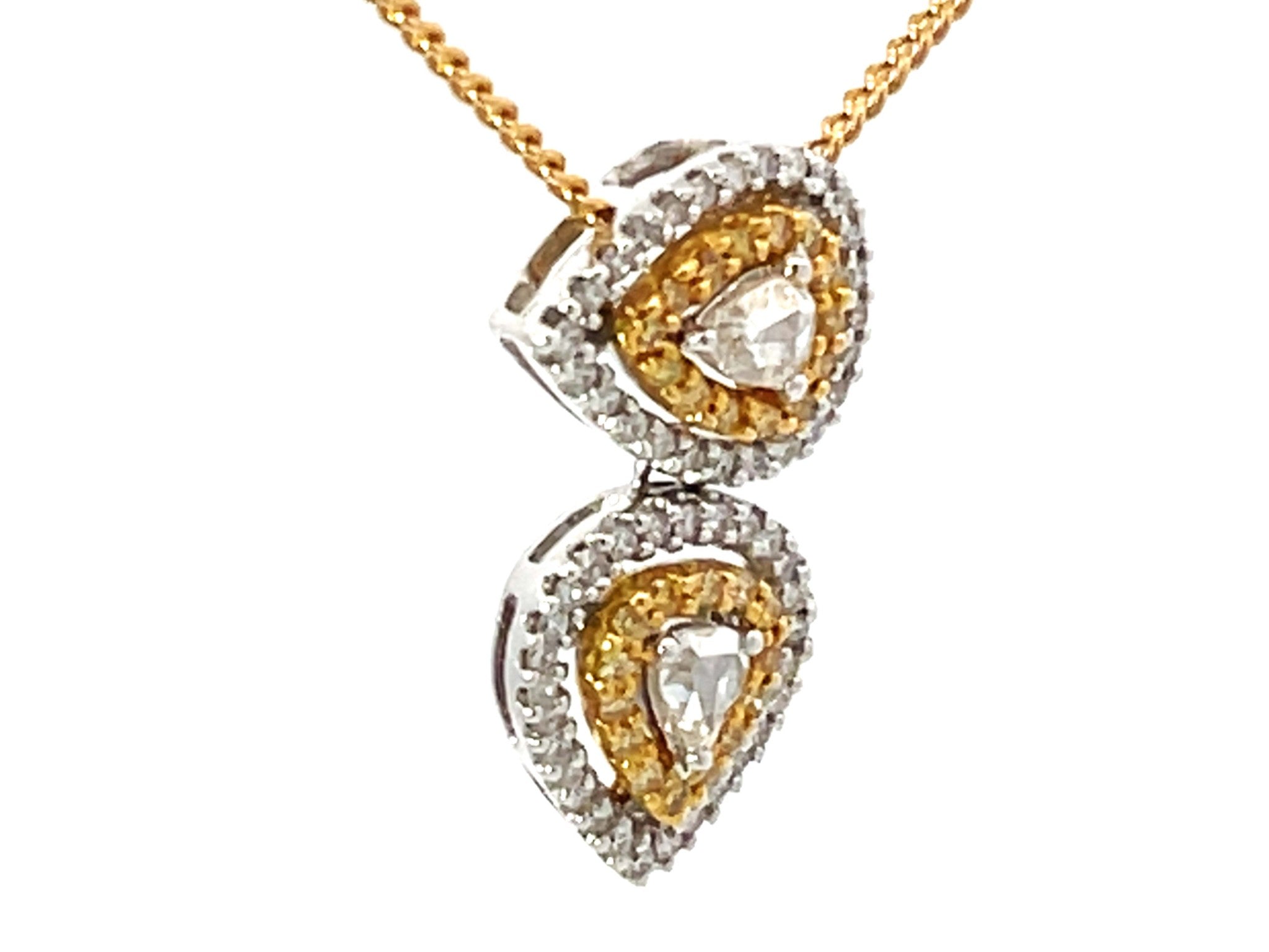 Yellow and White Diamond Halo Pear Shaped Necklace 18k Yellow Gold