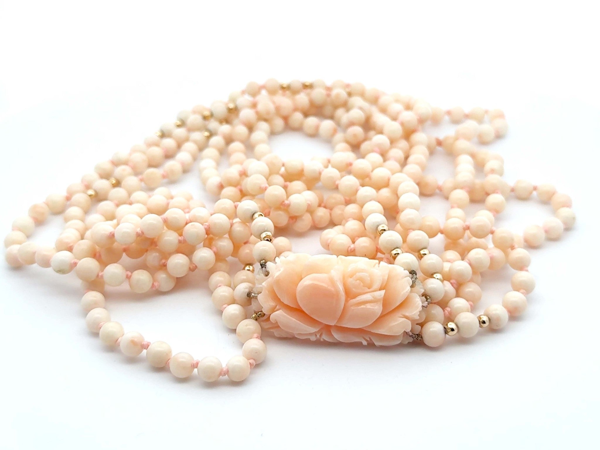 Angelskin Coral Triple Stranded Beaded Necklace 14k Yellow Gold Flower Clasp