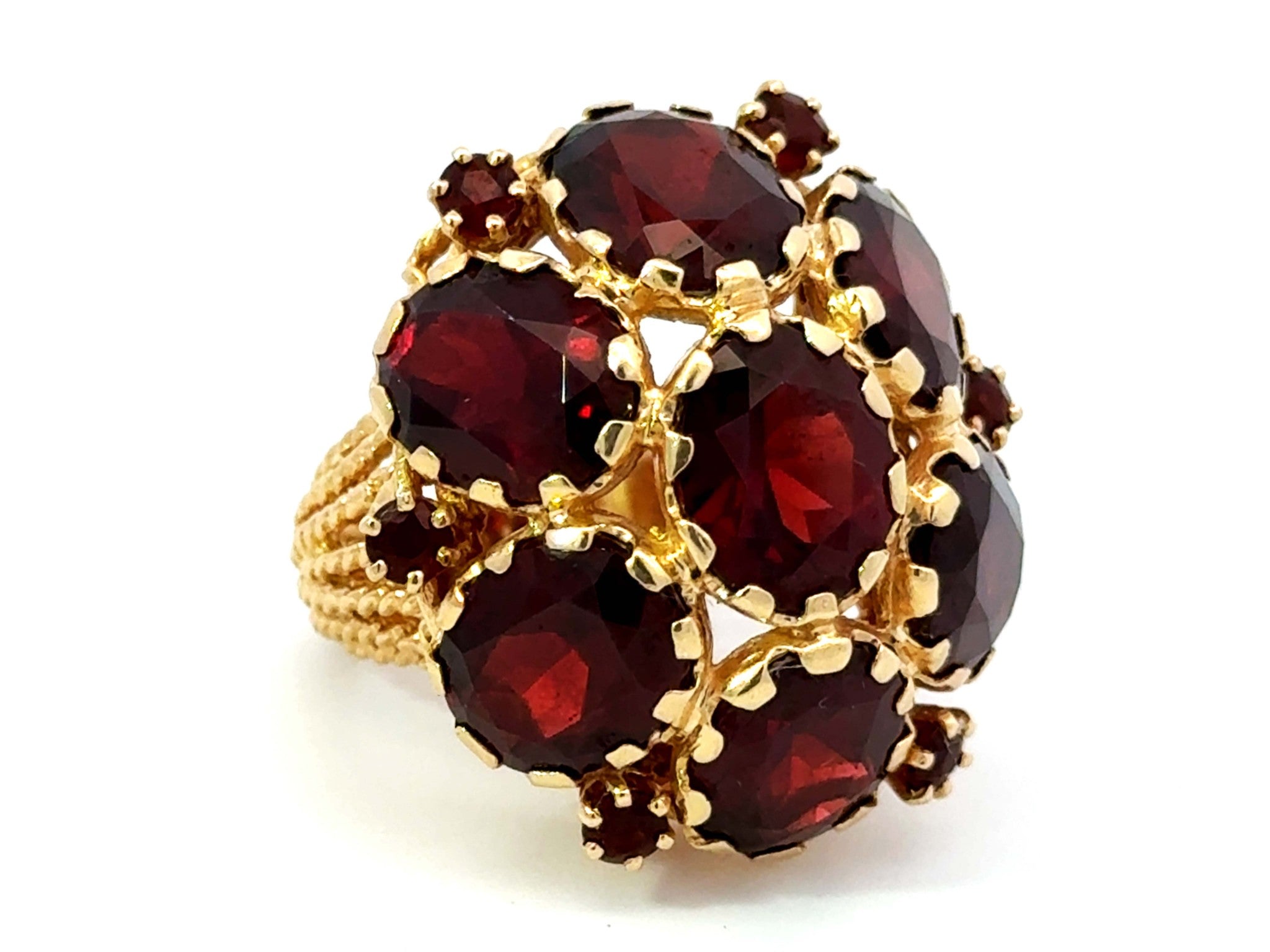 Large Red Oval Garnet Flower Cocktail Ring 14k Yellow Gold