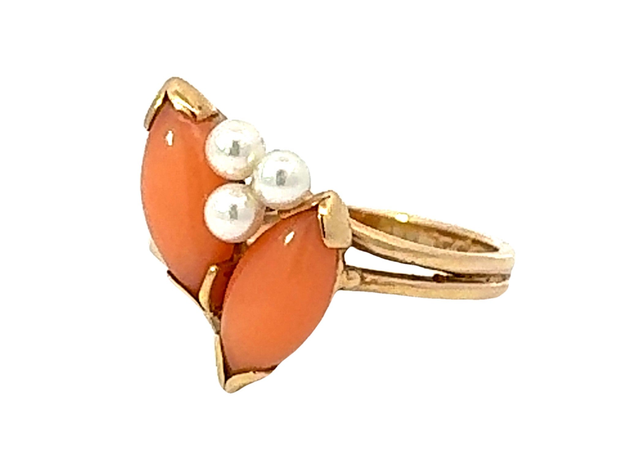 Marquise Angel Skin Coral and Pearl Ring 14k Yellow Gold