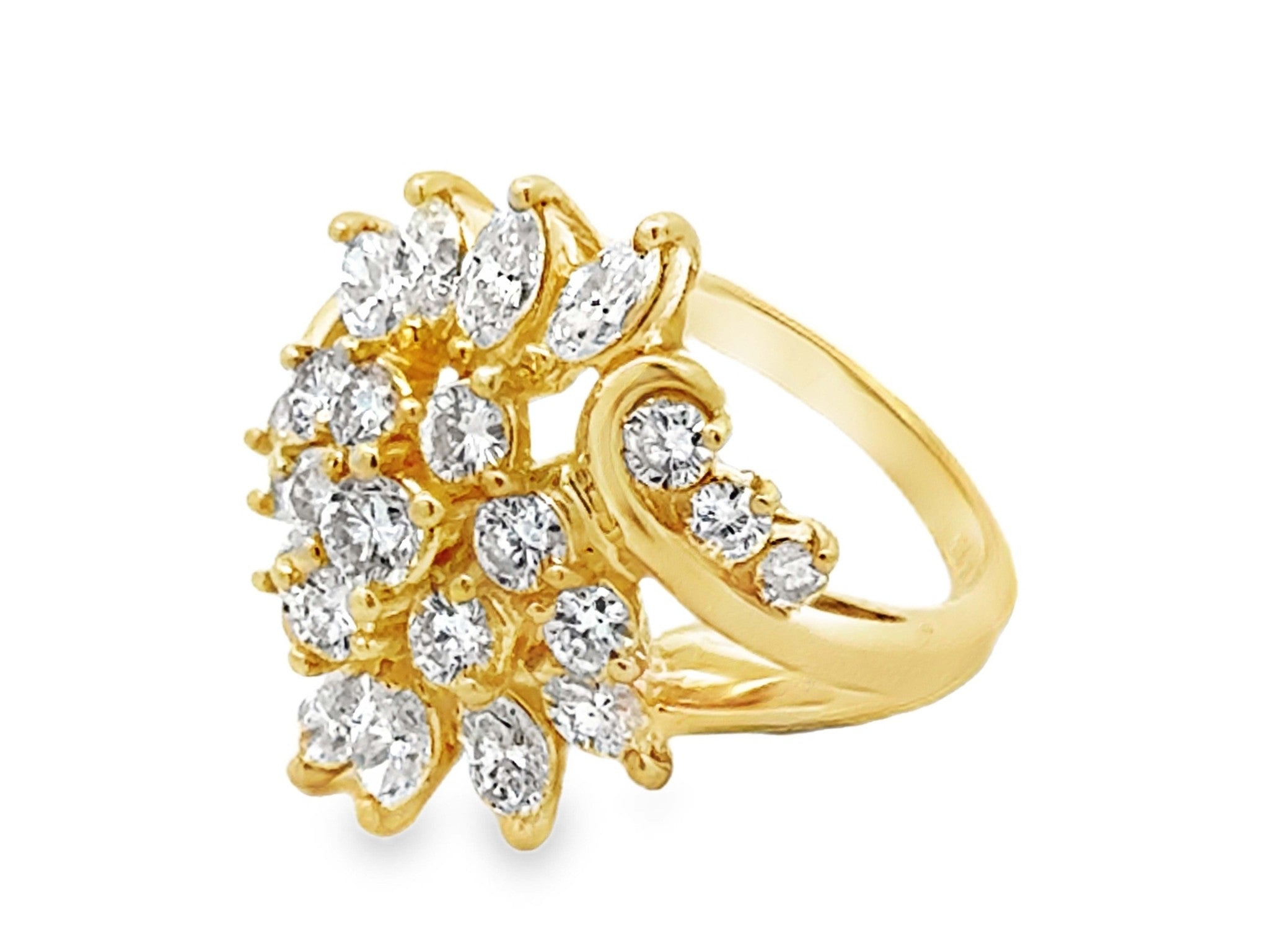 Brilliant and Marquise Multi Diamond Large Cluster Ring 14k Yellow Gold