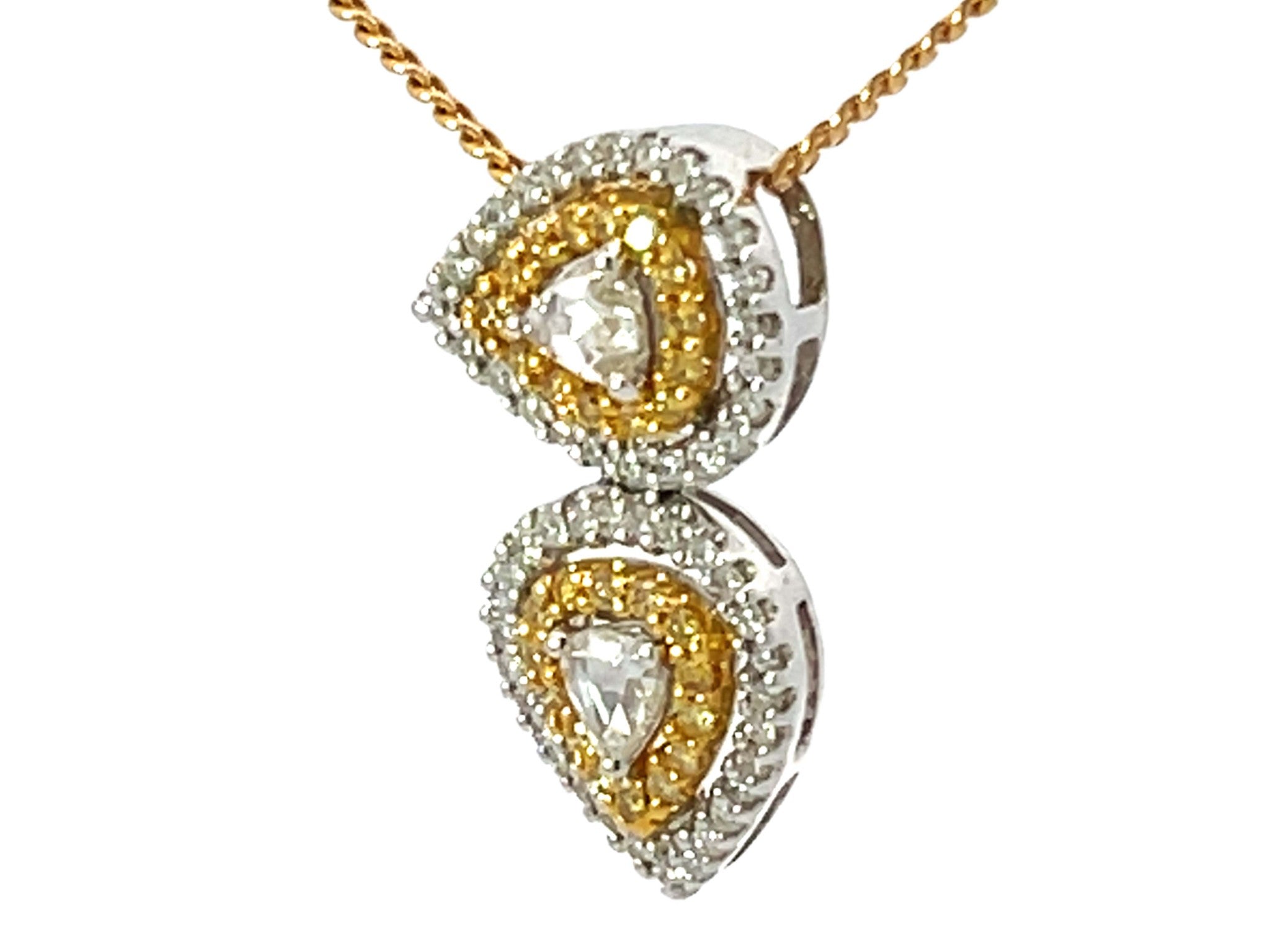 Yellow and White Diamond Halo Pear Shaped Necklace 18k Yellow Gold