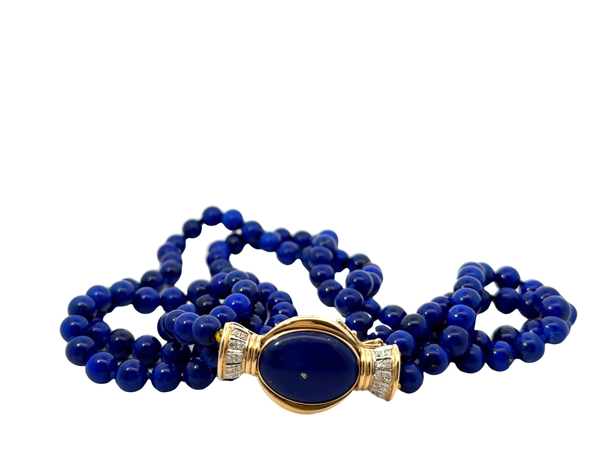 Lapis Lazuli Double Stranded Beaded Necklace Diamond Clasp 14k Yellow Gold