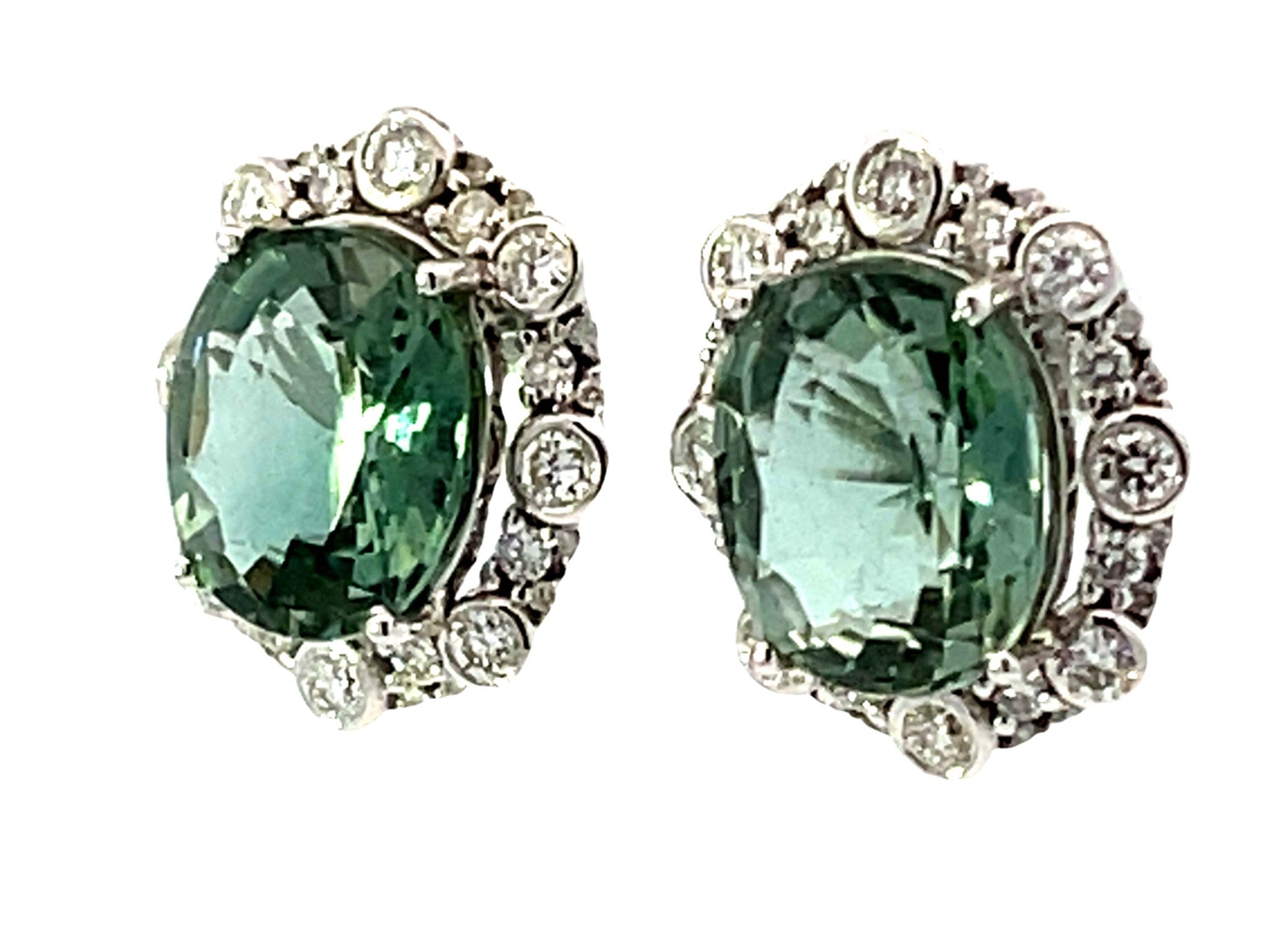 Oval Green Tourmaline Diamond Halo Earrings 18k White Gold