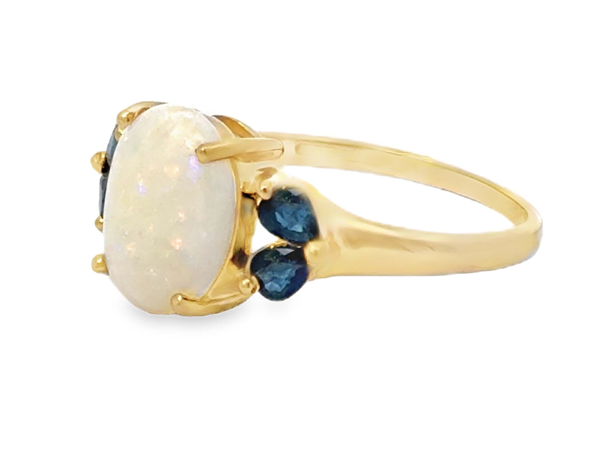 Oval Cabochon Opal and Pear Shaped Sapphires Ring 14k Yellow Gold