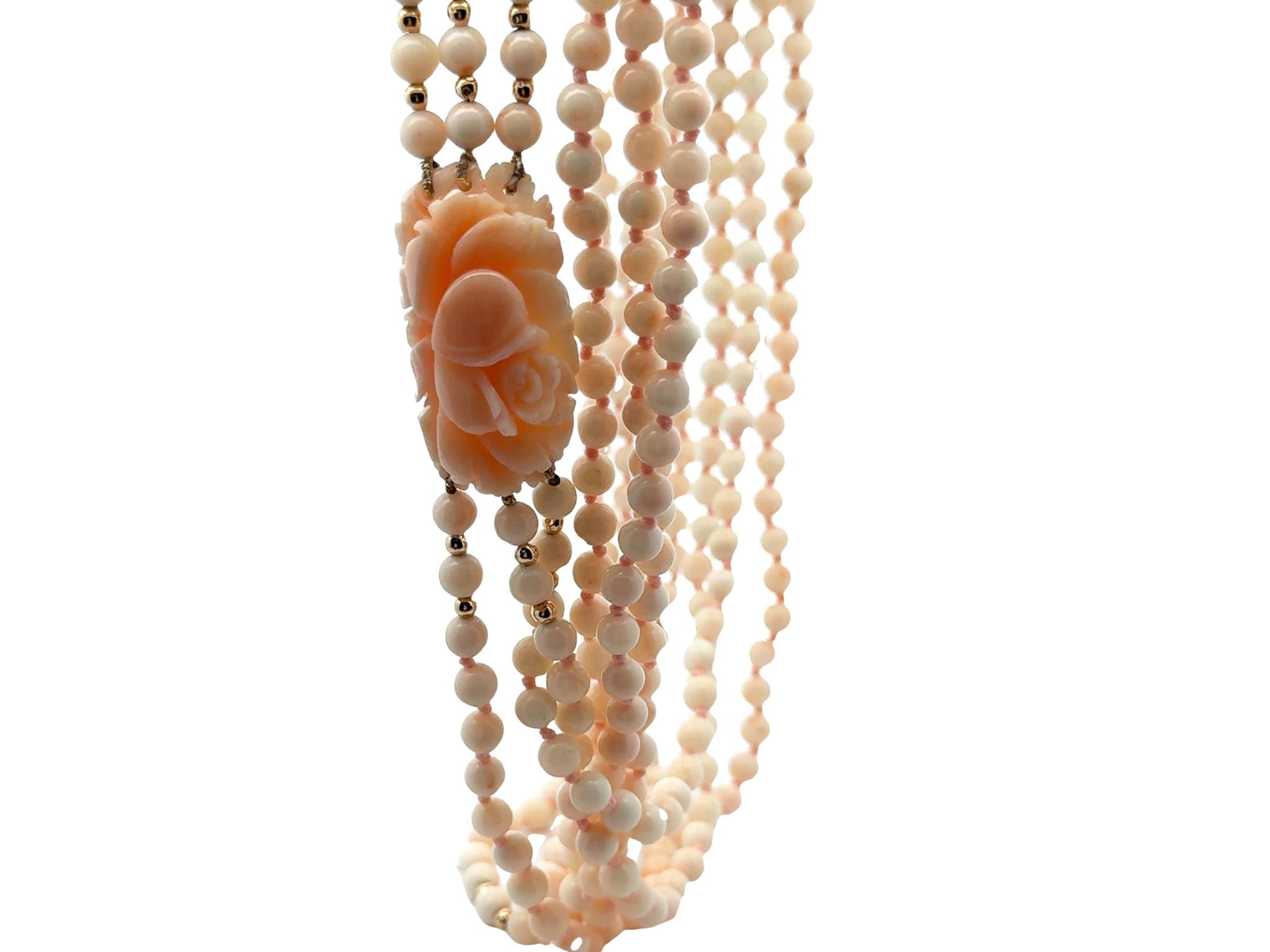 Angelskin Coral Triple Stranded Beaded Necklace 14k Yellow Gold Flower Clasp