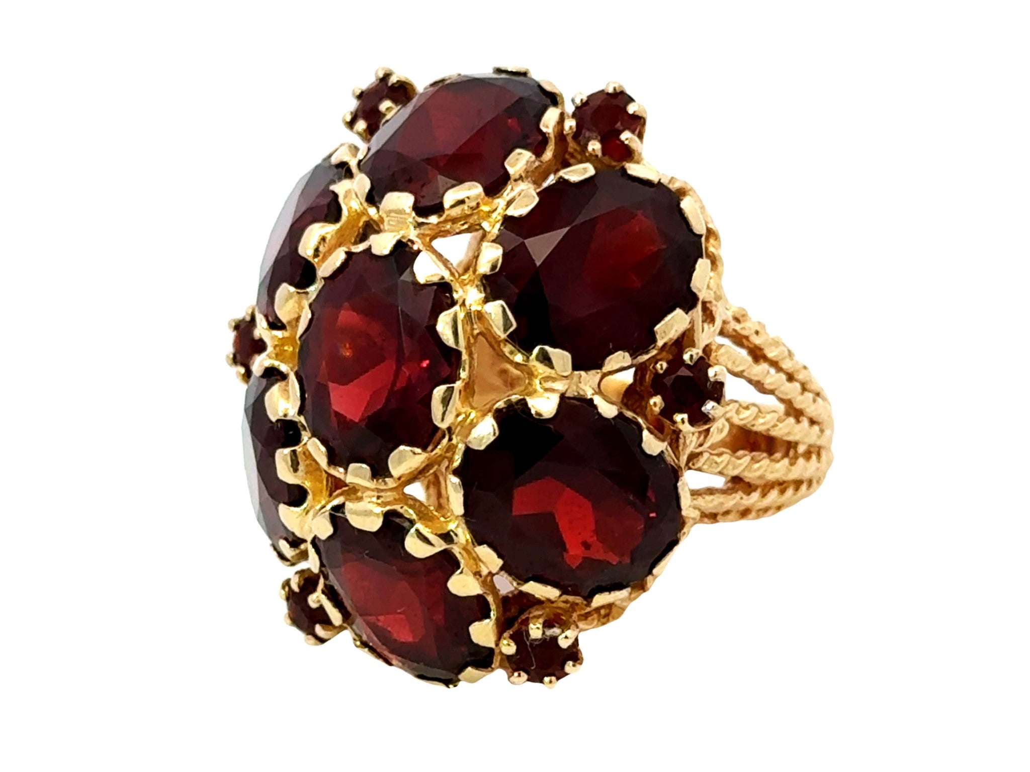 Large Red Oval Garnet Flower Cocktail Ring 14k Yellow Gold