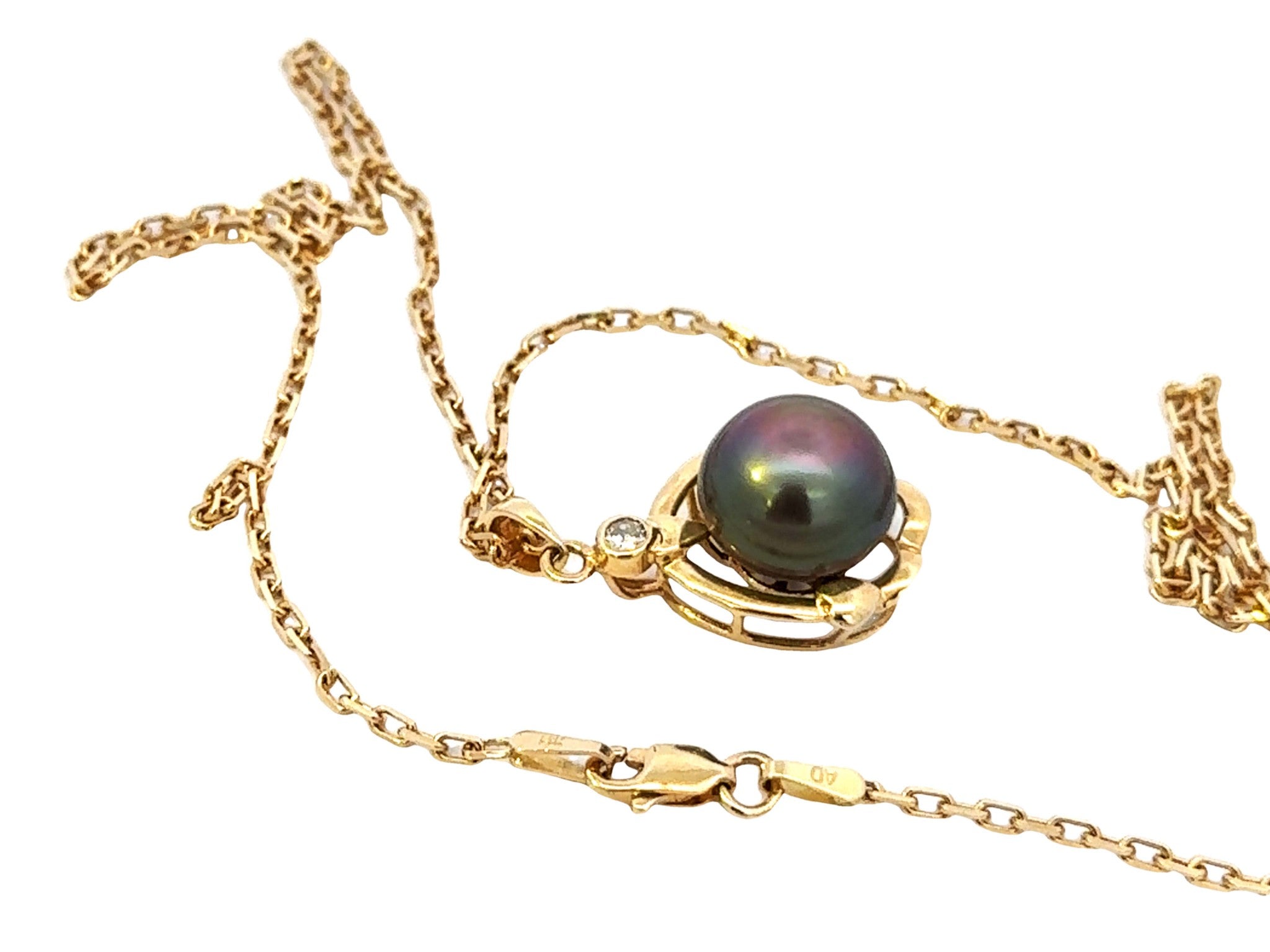 Tahitian Pearl Diamond Pendant Necklace Solid 14k Yellow Gold