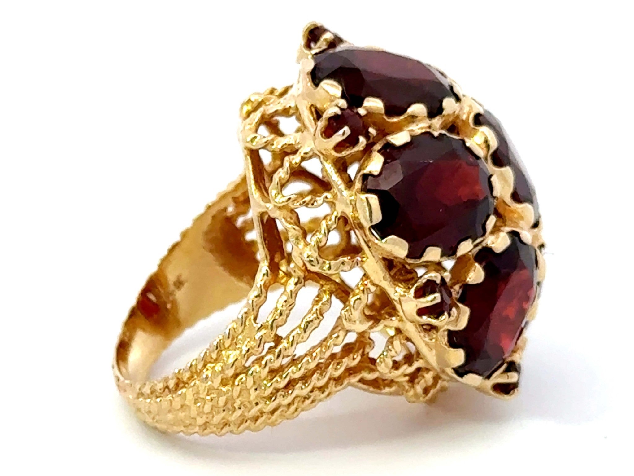 Large Red Oval Garnet Flower Cocktail Ring 14k Yellow Gold