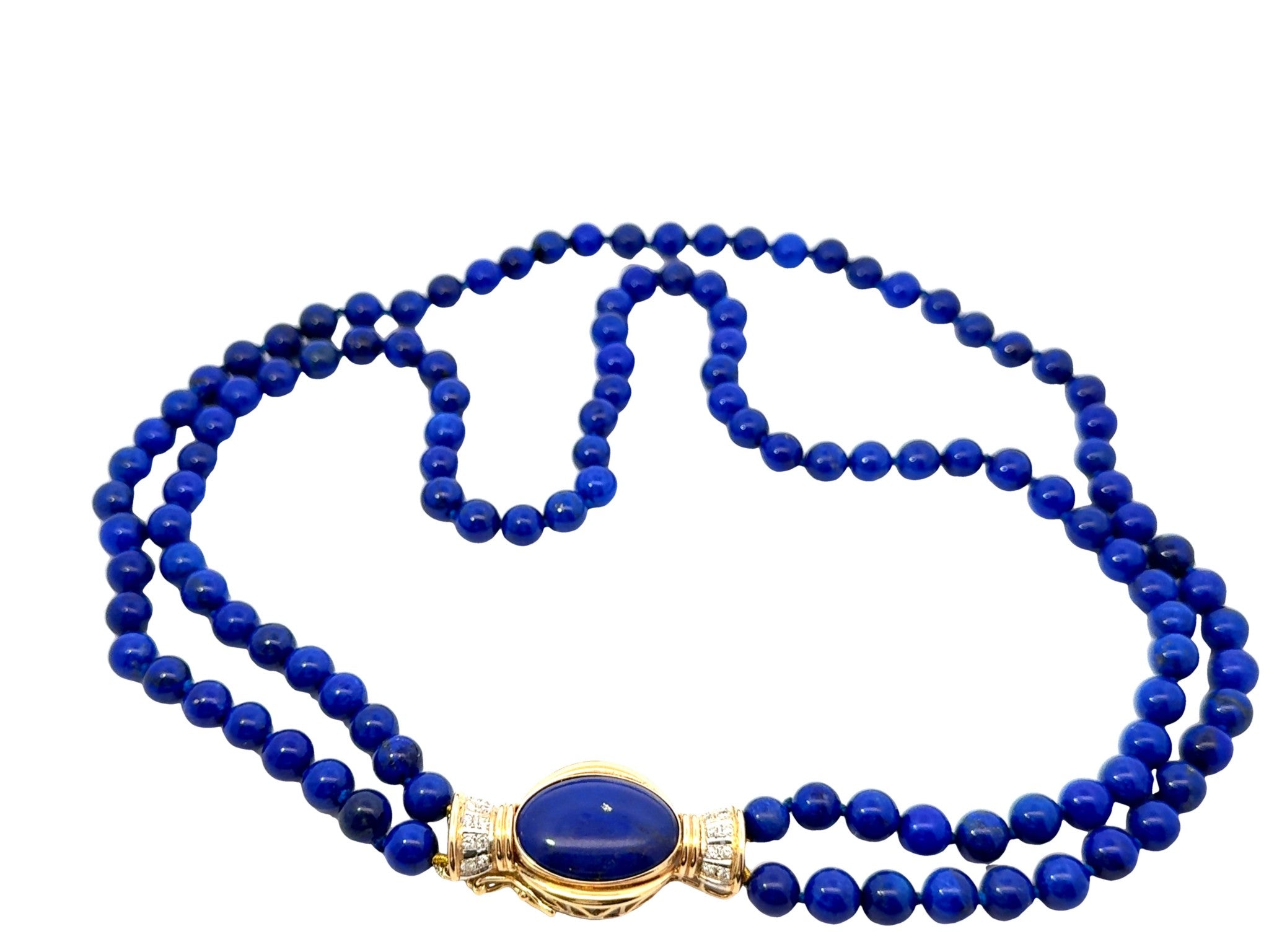 Lapis Lazuli Double Stranded Beaded Necklace Diamond Clasp 14k Yellow Gold