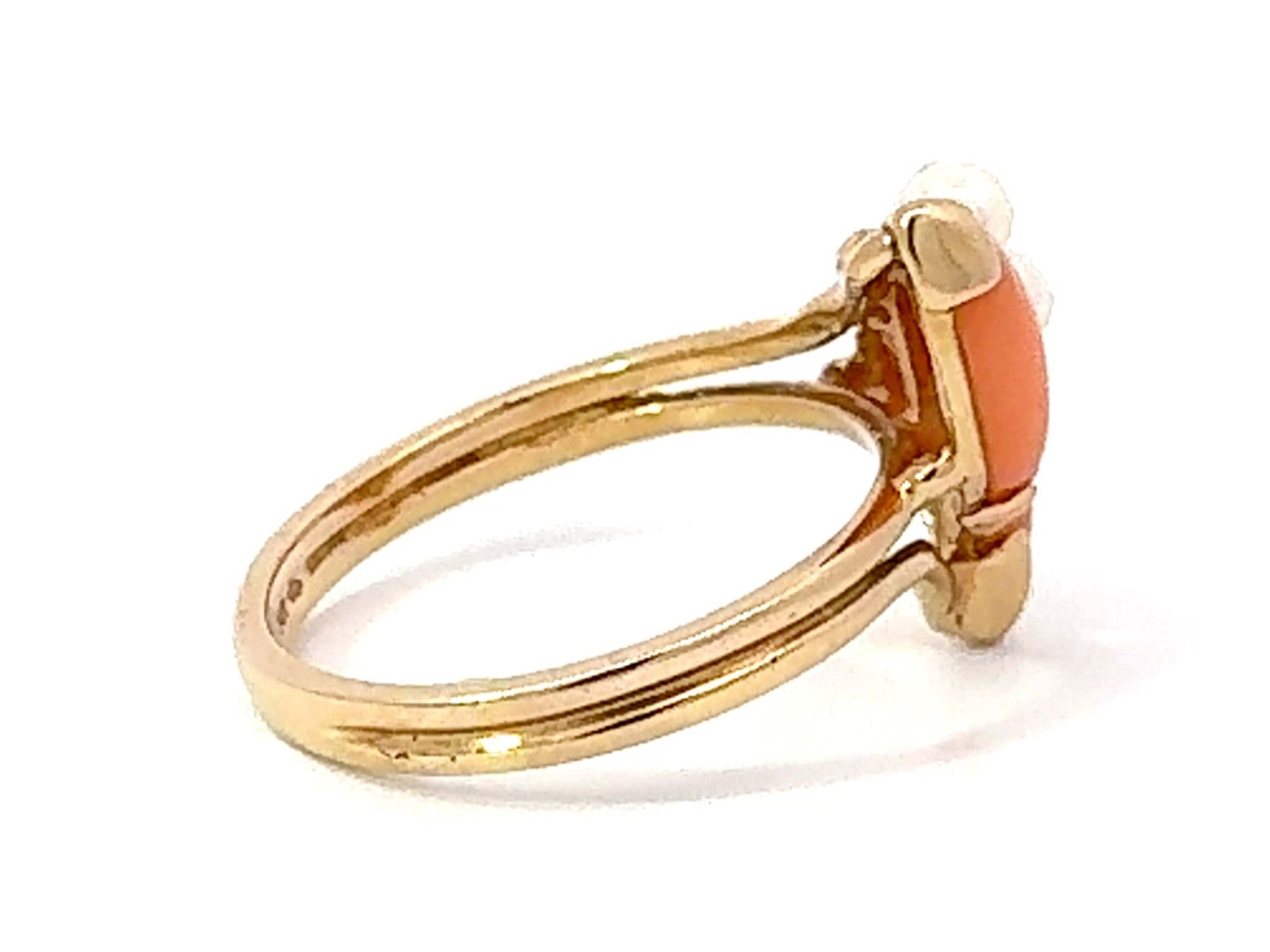 Marquise Angel Skin Coral and Pearl Ring 14k Yellow Gold