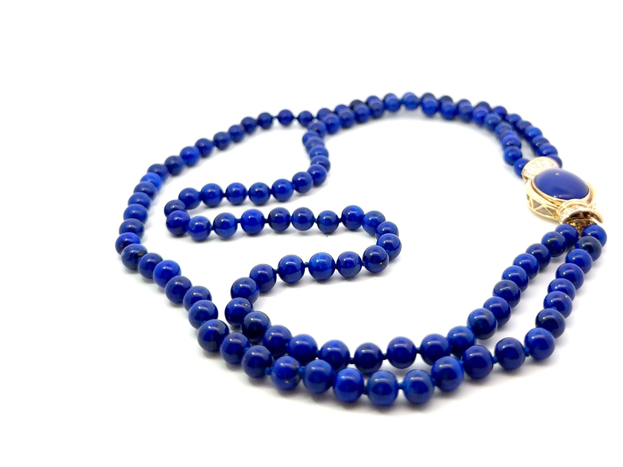 Lapis Lazuli Double Stranded Beaded Necklace Diamond Clasp 14k Yellow Gold