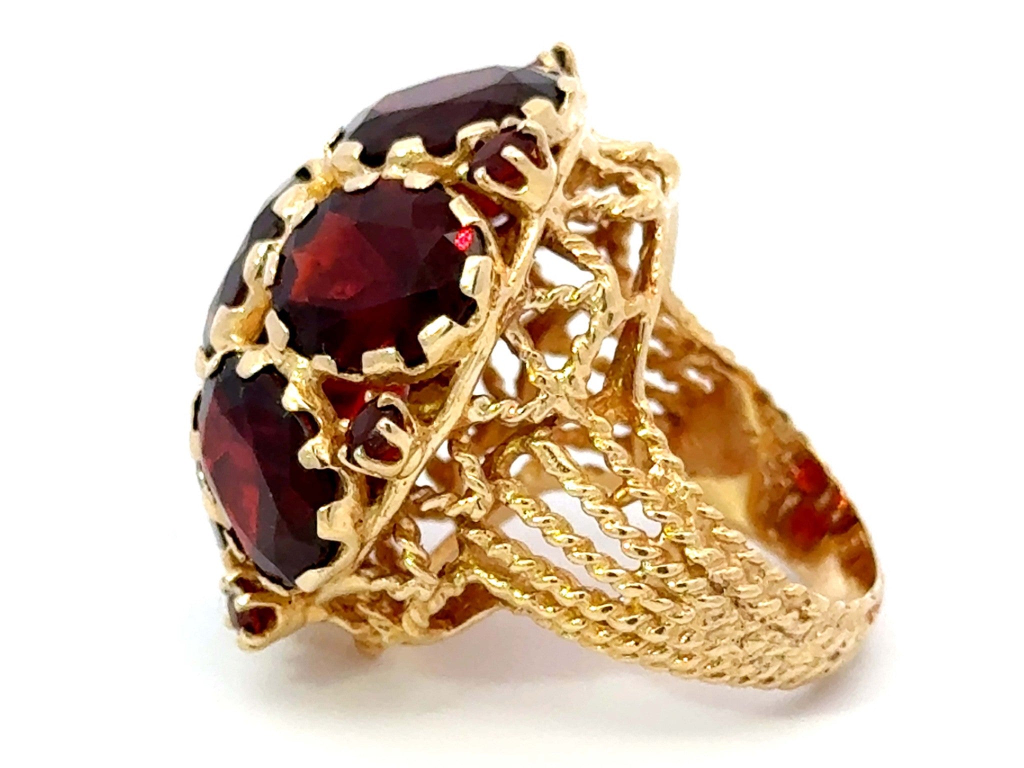 Large Red Oval Garnet Flower Cocktail Ring 14k Yellow Gold