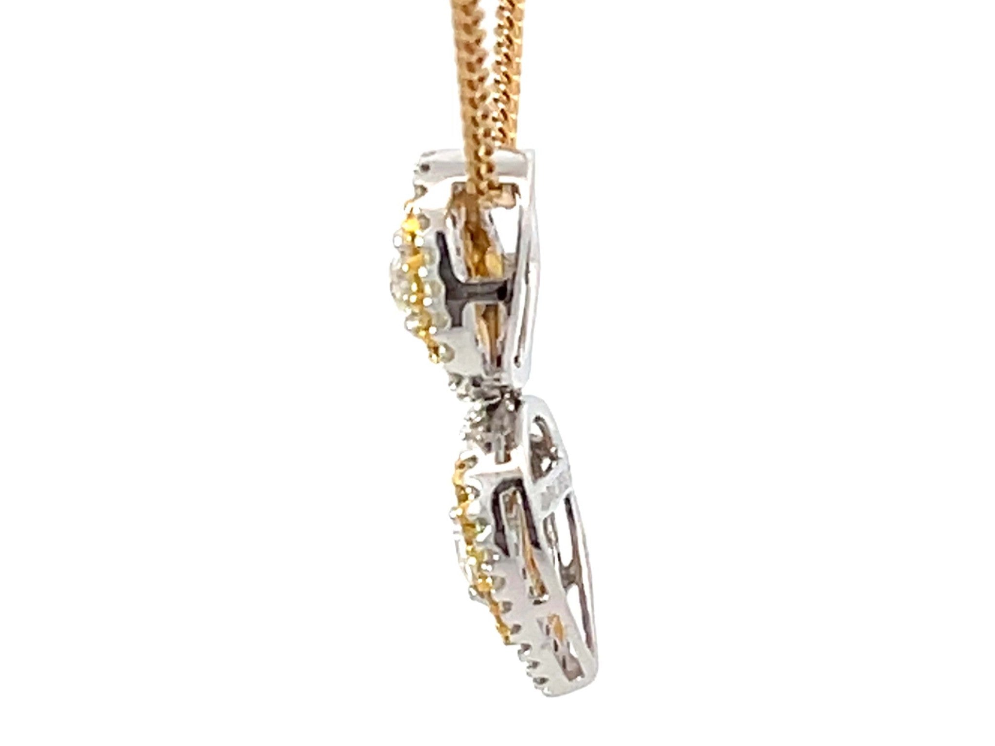 Yellow and White Diamond Halo Pear Shaped Necklace 18k Yellow Gold