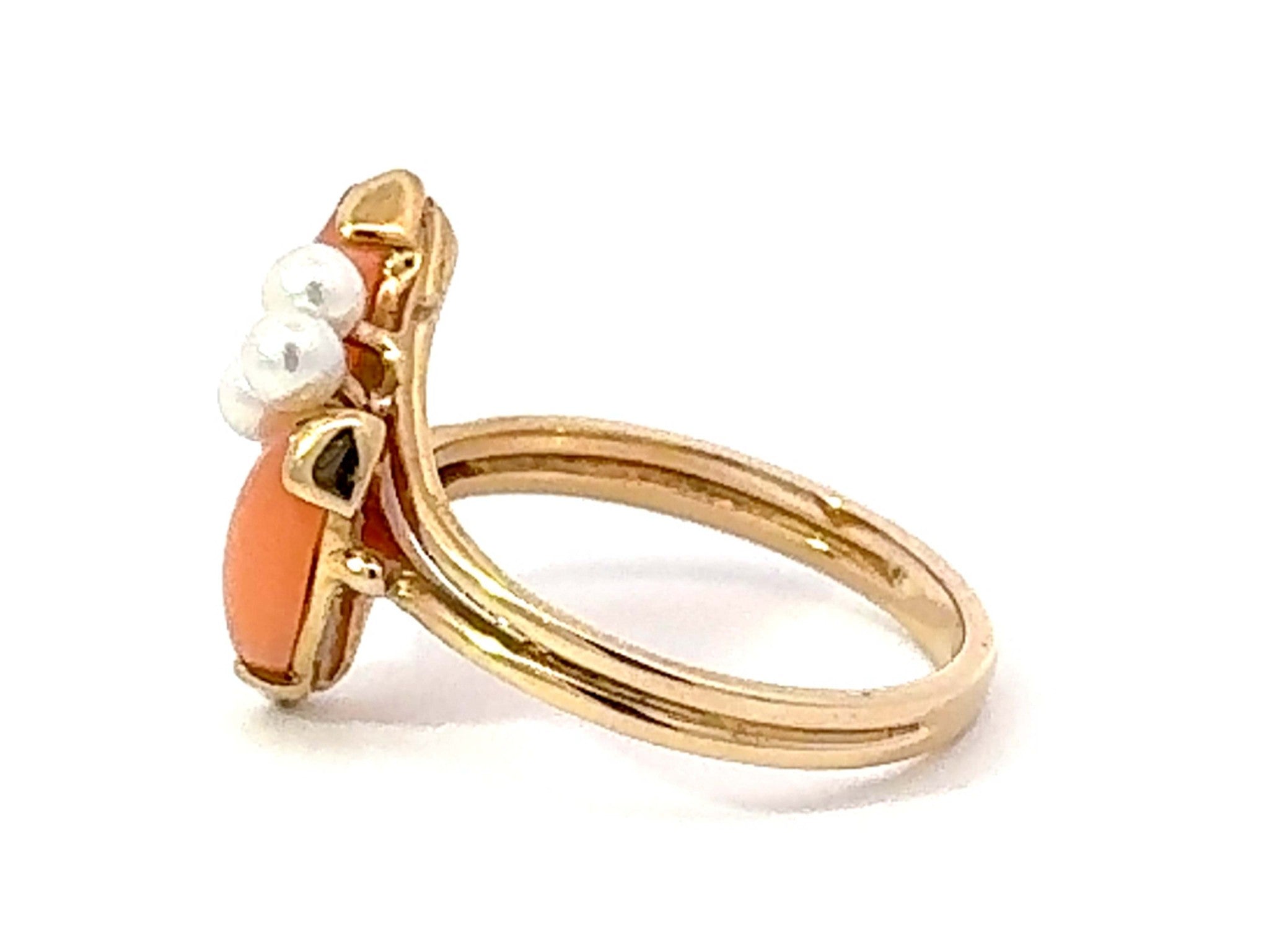 Marquise Angel Skin Coral and Pearl Ring 14k Yellow Gold