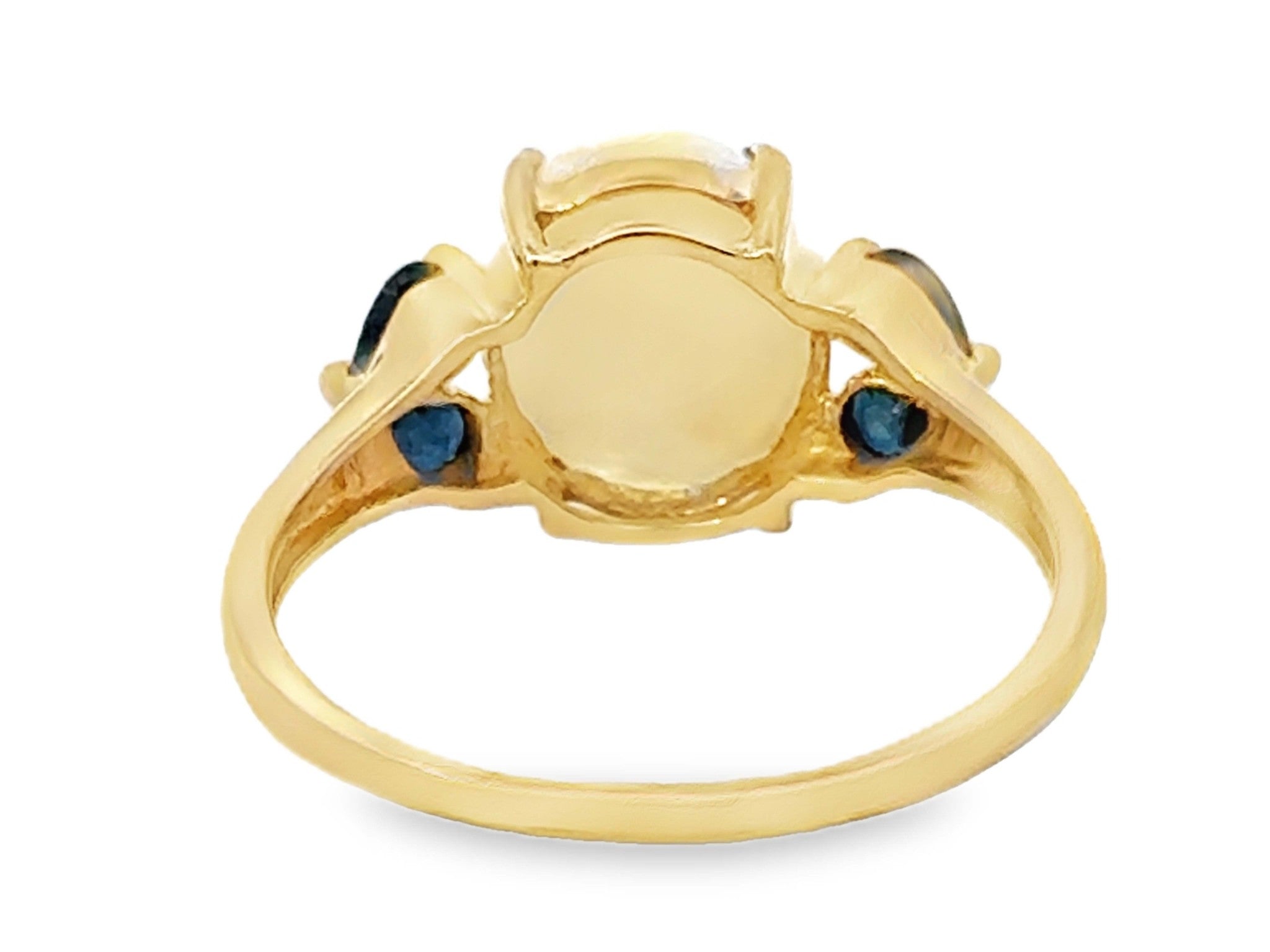 Oval Cabochon Opal and Pear Shaped Sapphires Ring 14k Yellow Gold