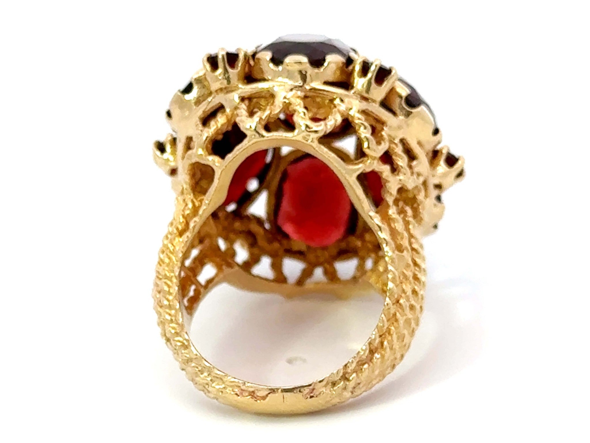 Large Red Oval Garnet Flower Cocktail Ring 14k Yellow Gold