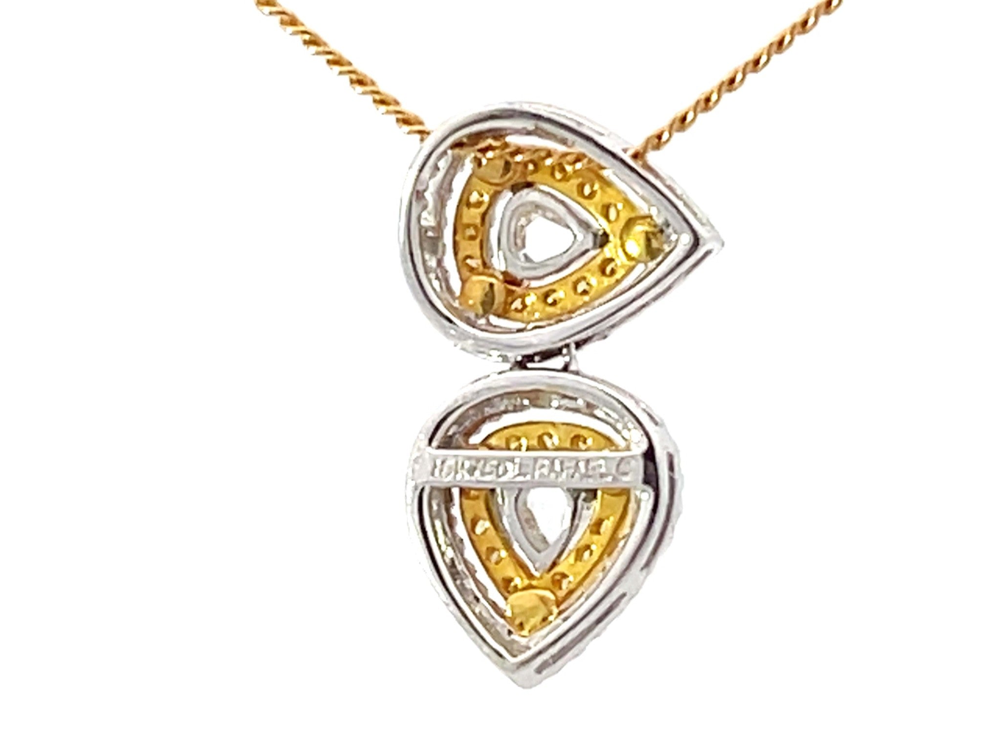 Yellow and White Diamond Halo Pear Shaped Necklace 18k Yellow Gold