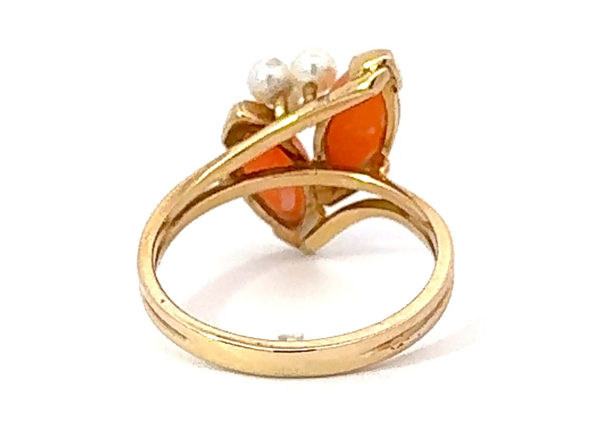 Marquise Angel Skin Coral and Pearl Ring 14k Yellow Gold