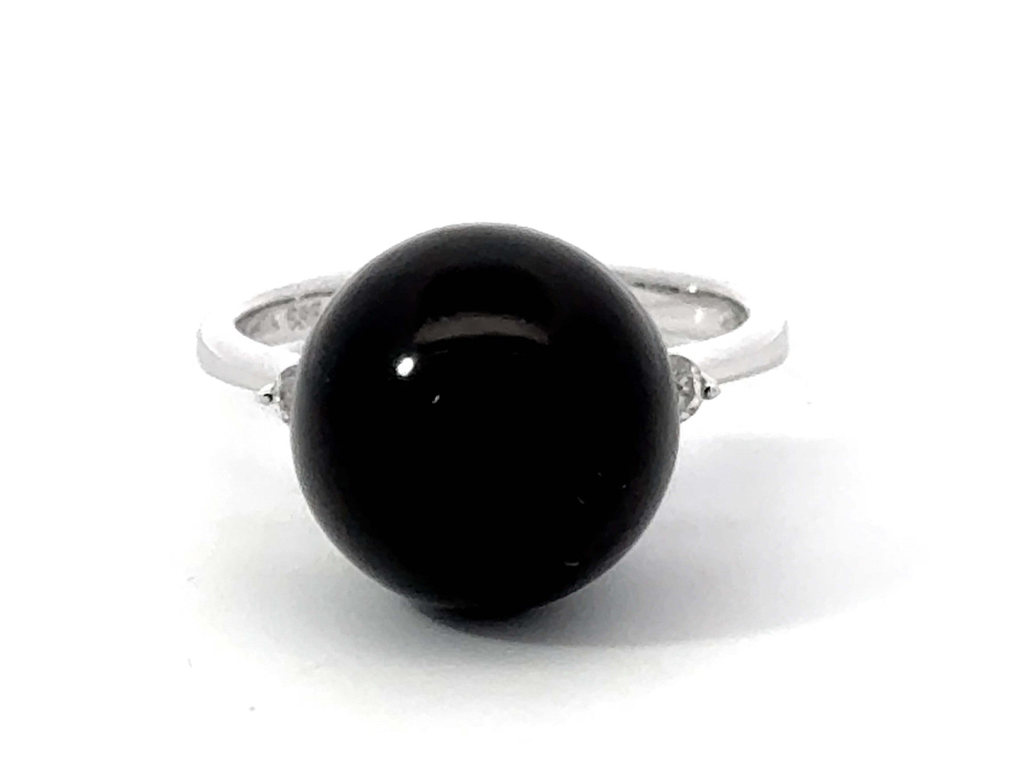 Black Onyx Sphere and Diamond Ring 14K White Gold