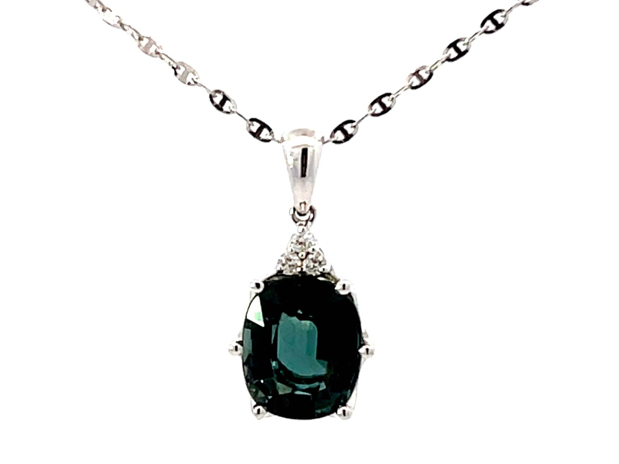 Blue Green Tourmaline Diamond Necklace Solid 18k White Gold