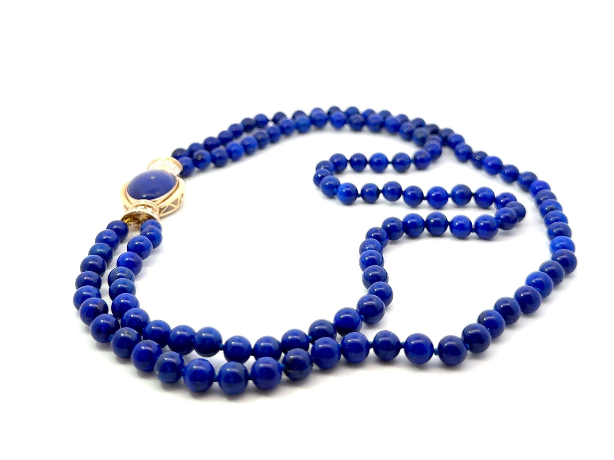 Lapis Lazuli Double Stranded Beaded Necklace Diamond Clasp 14k Yellow Gold