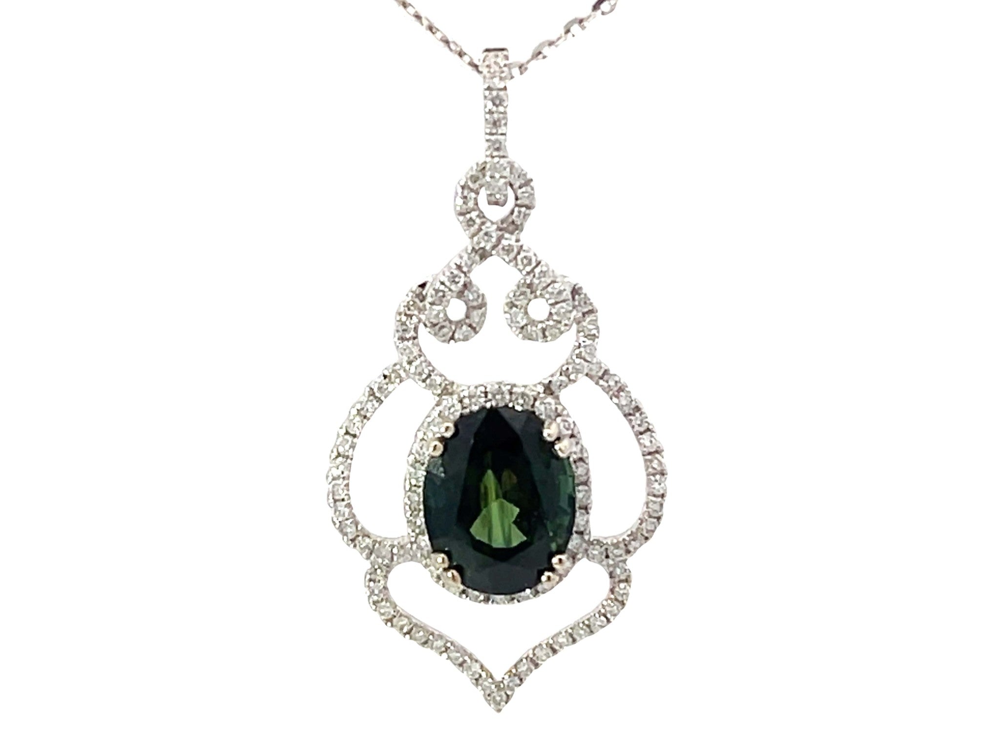 GIA Green Sapphire Diamond Pendant and Chain White Gold