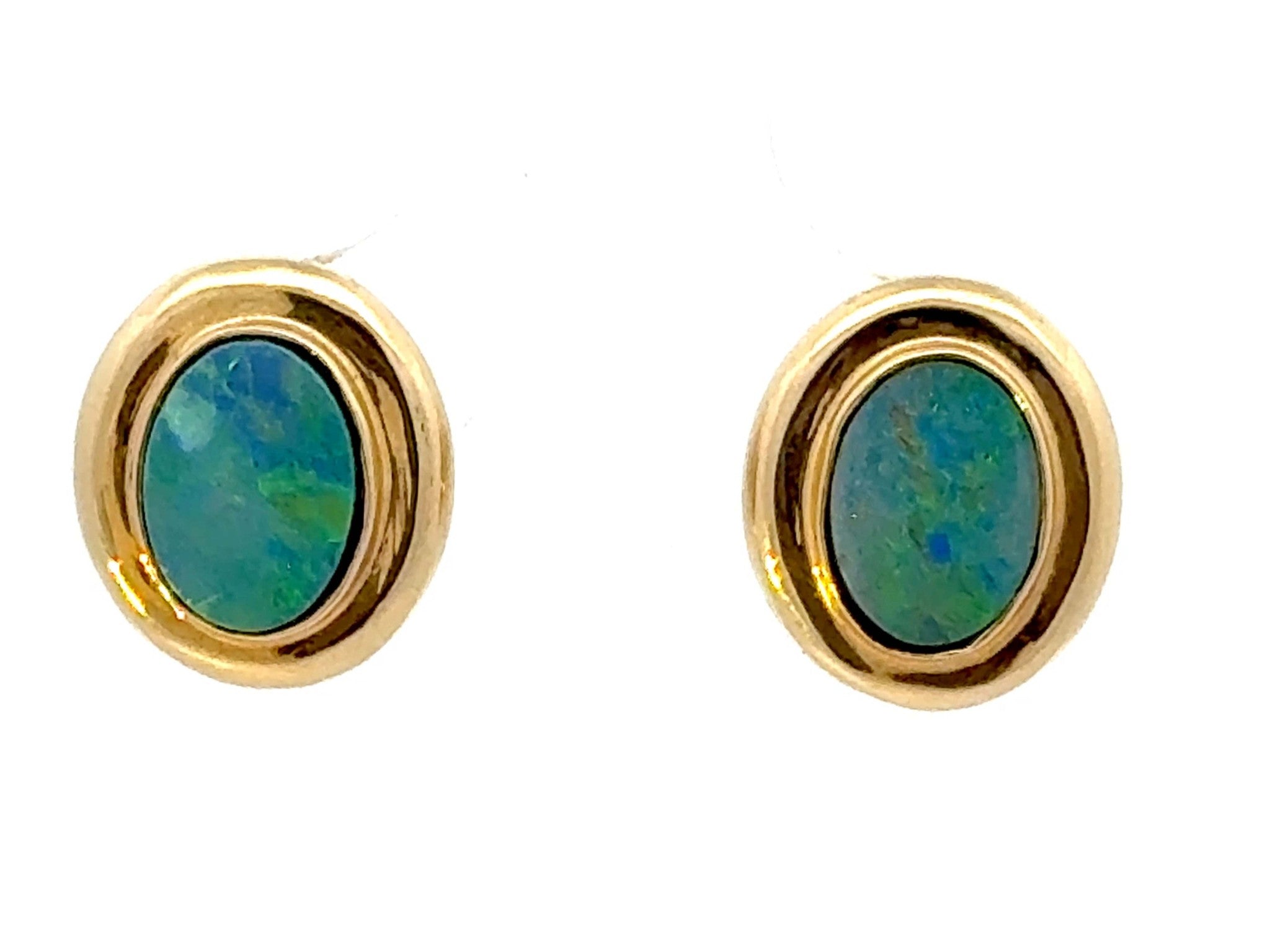 Oval Opal Dublet Earrings 14K Yellow Gold