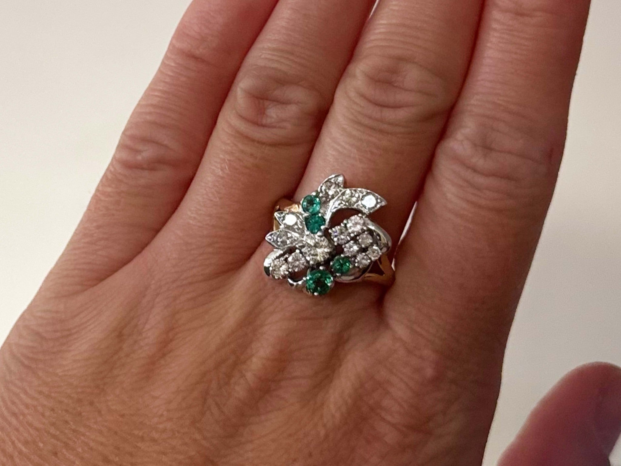 Diamond and Emerald Cluster Cocktail Ring 18k White and Yellow Gold