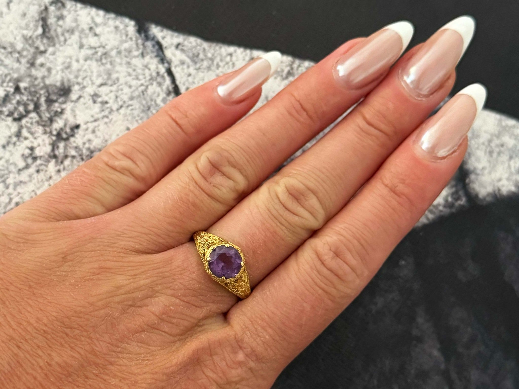 Round Purple Amethyst Filigree Ring 14k Yellow Gold