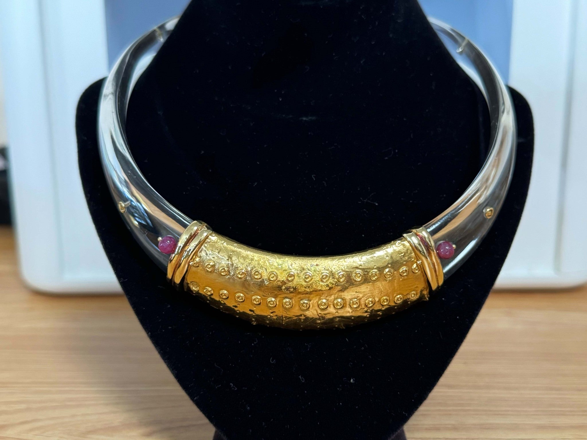 Clear Acrylic Hinge Collar Necklace 22k Yellow Gold and Rubies