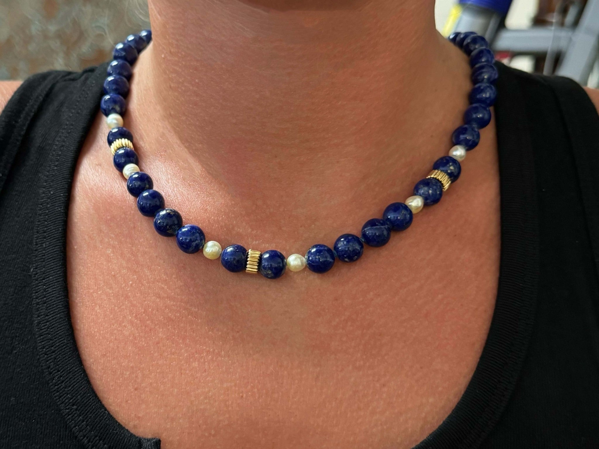 Lapis Lazuli and Pearl Necklace 14k Yellow Gold