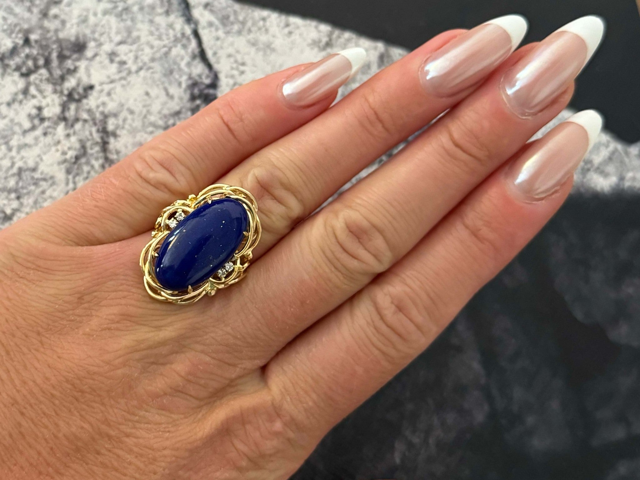 Large Lapis Lazuli Diamond Cocktail Ring 14k Yellow Gold