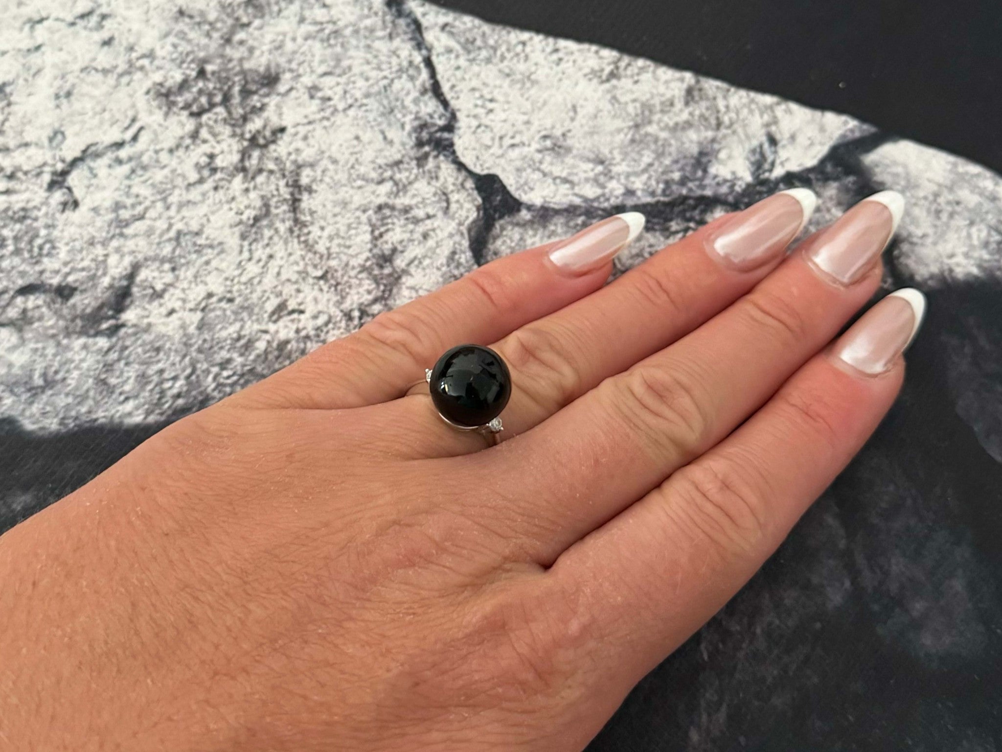 Black Onyx Sphere and Diamond Ring 14K White Gold