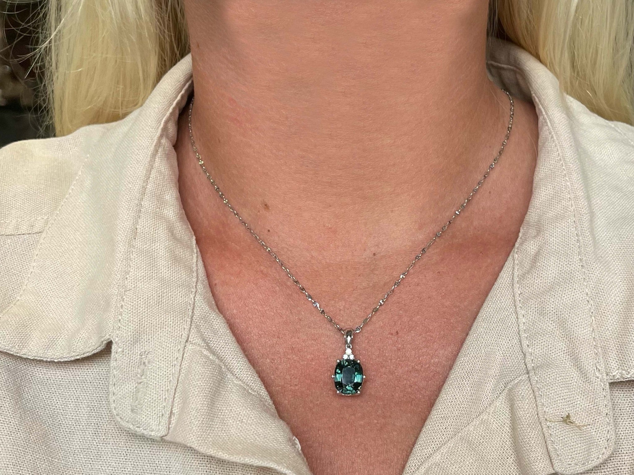 Blue Green Tourmaline Diamond Necklace Solid 18k White Gold