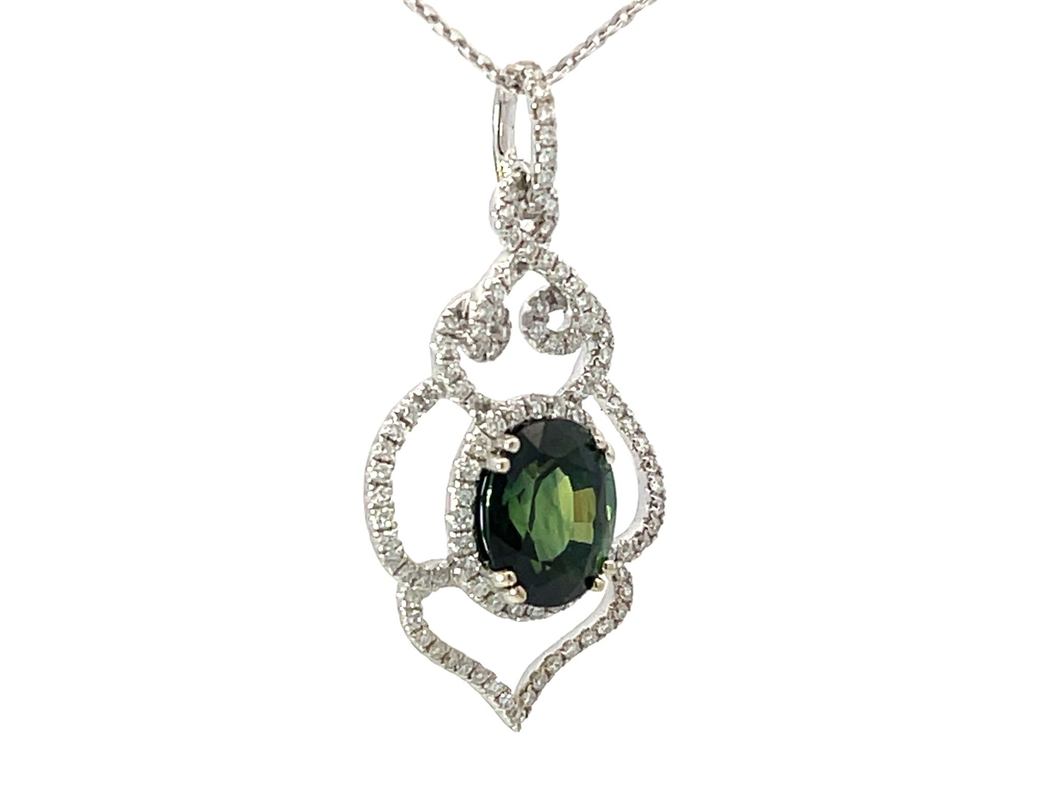 GIA Green Sapphire Diamond Pendant and Chain White Gold