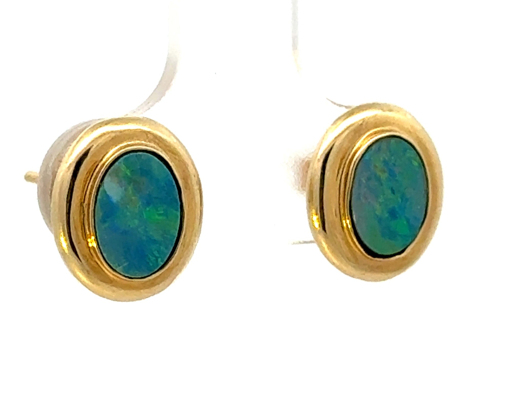 Oval Opal Dublet Earrings 14K Yellow Gold