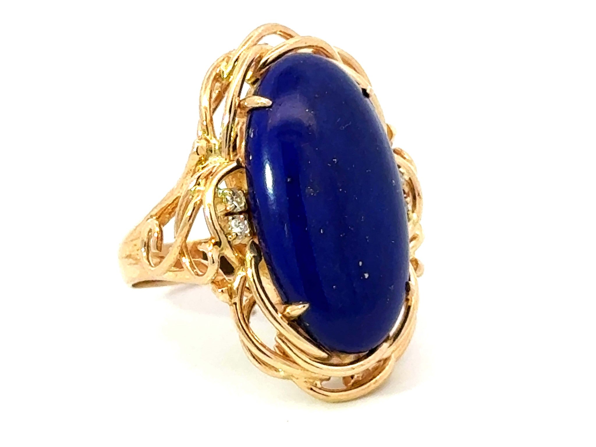 Large Lapis Lazuli Diamond Cocktail Ring 14k Yellow Gold