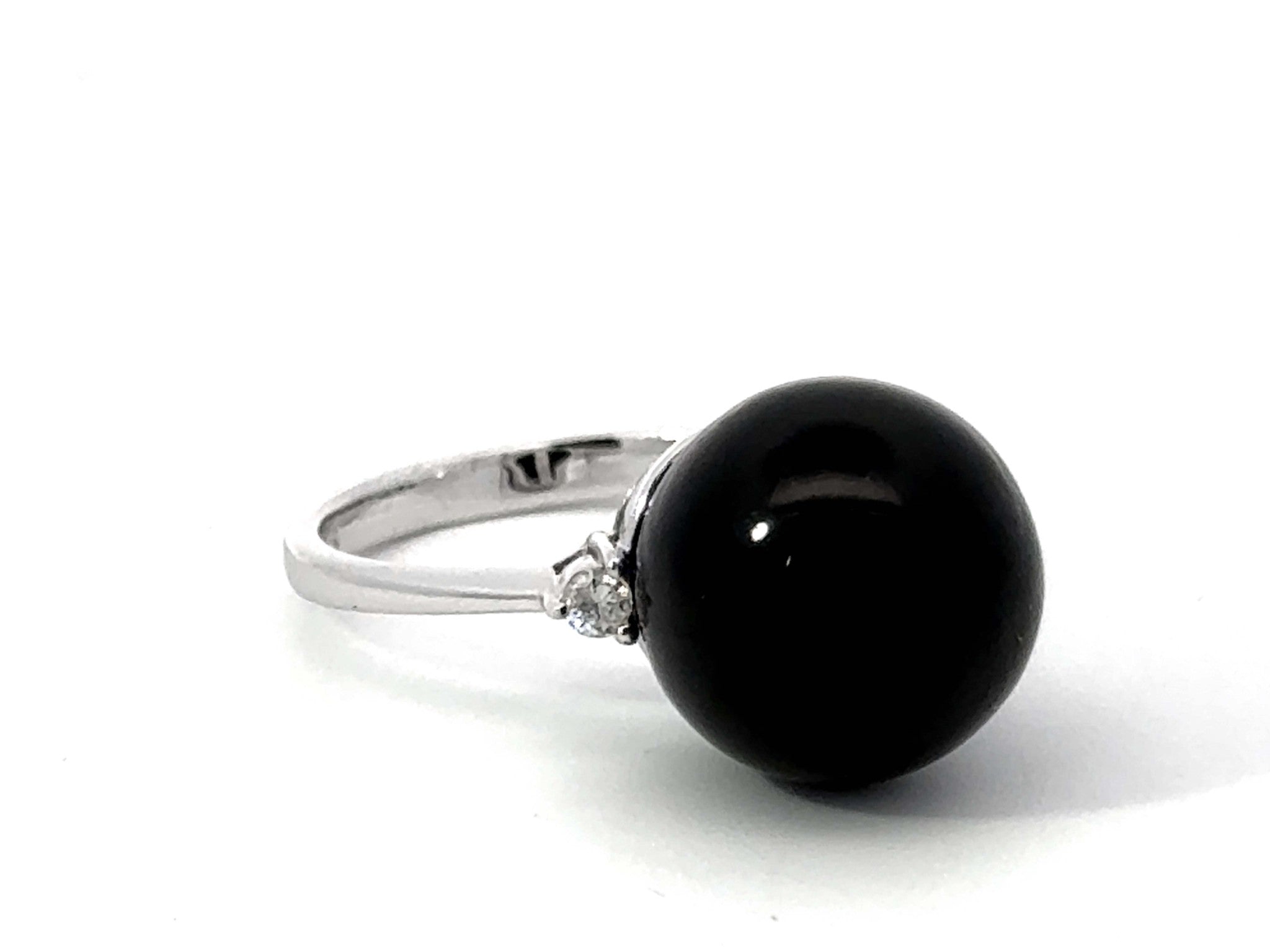 Black Onyx Sphere and Diamond Ring 14K White Gold