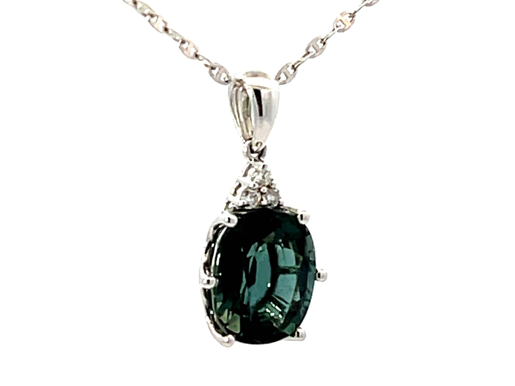 Blue Green Tourmaline Diamond Necklace Solid 18k White Gold