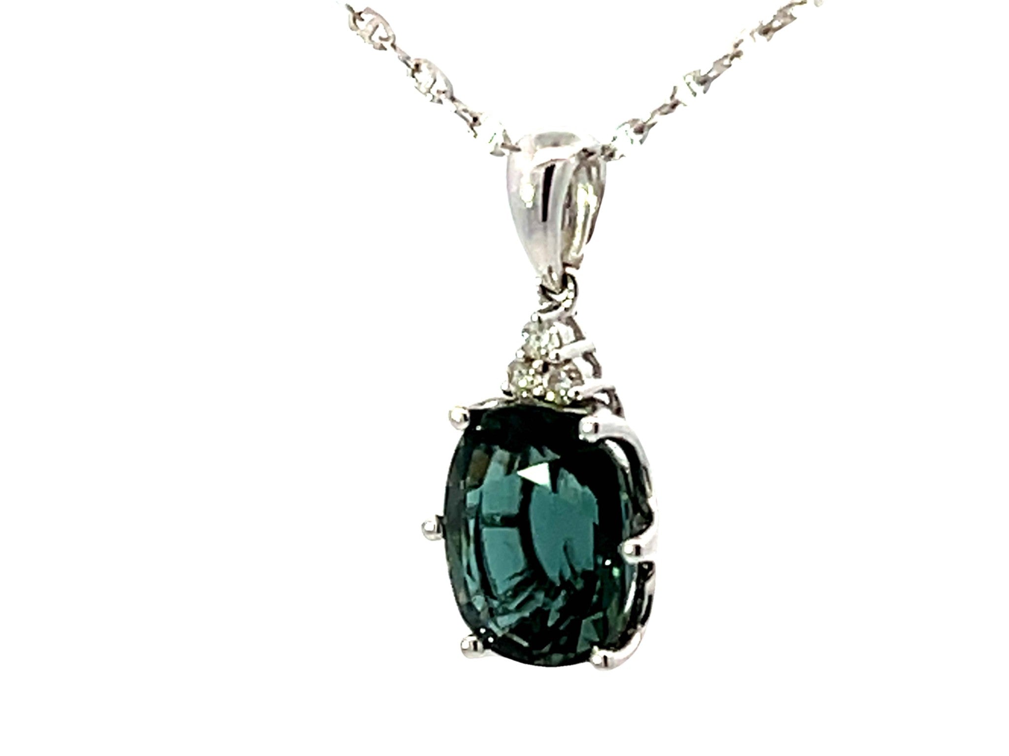 Blue Green Tourmaline Diamond Necklace Solid 18k White Gold